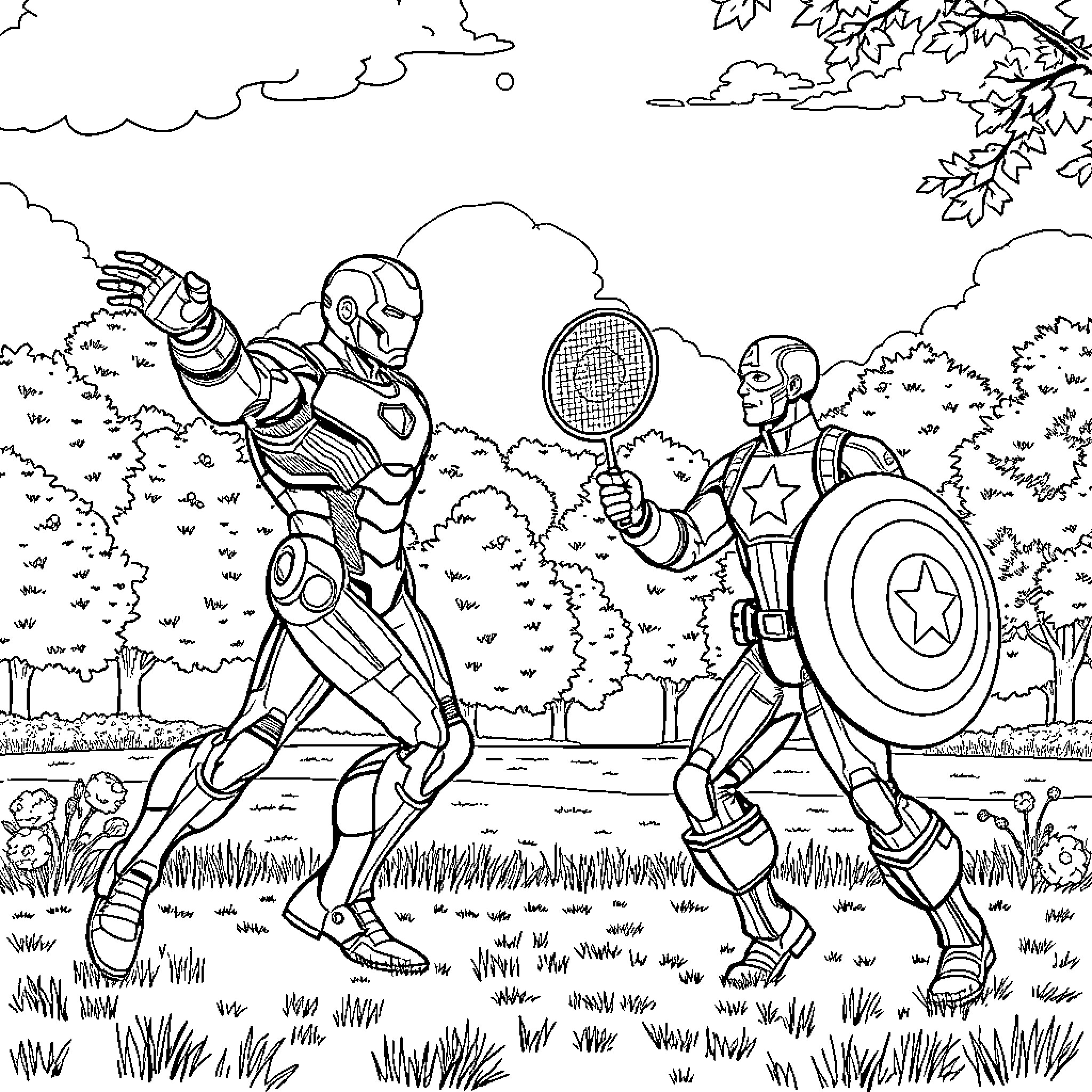 Iron Man engaging in intense battle with Captain America Coloring Page (free black-and-white line drawing printable PDF for all, from beginners to advanced learners, including children, teens, adults, and seniors)