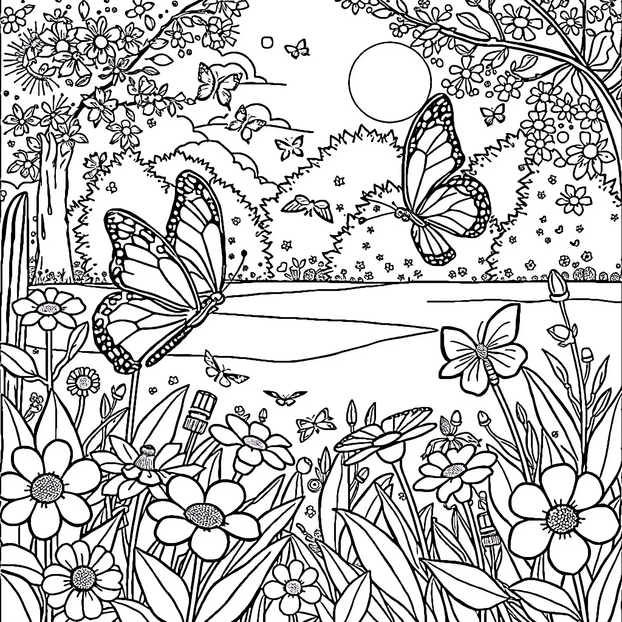 Butterfly Garden with Flowers and Butterflies Coloring Page (free black-and-white line drawing printable PDF for all, from beginners to advanced learners, including children, teens, adults, and seniors)