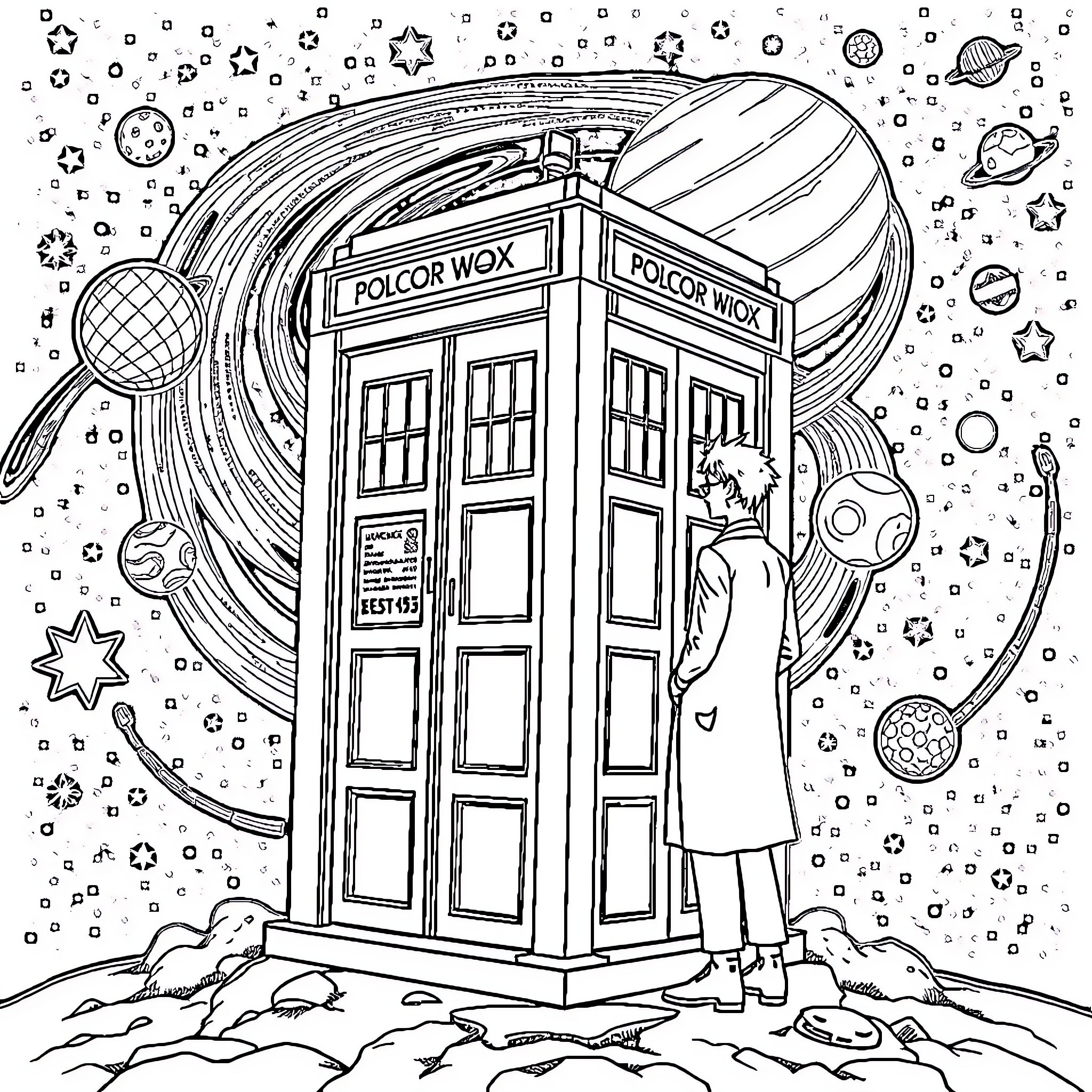 Doctor Who exploring the wondrous cosmic TARDIS Coloring Page (free black-and-white line drawing printable PDF for all, from beginners to advanced learners, including children, teens, adults, and seniors)
