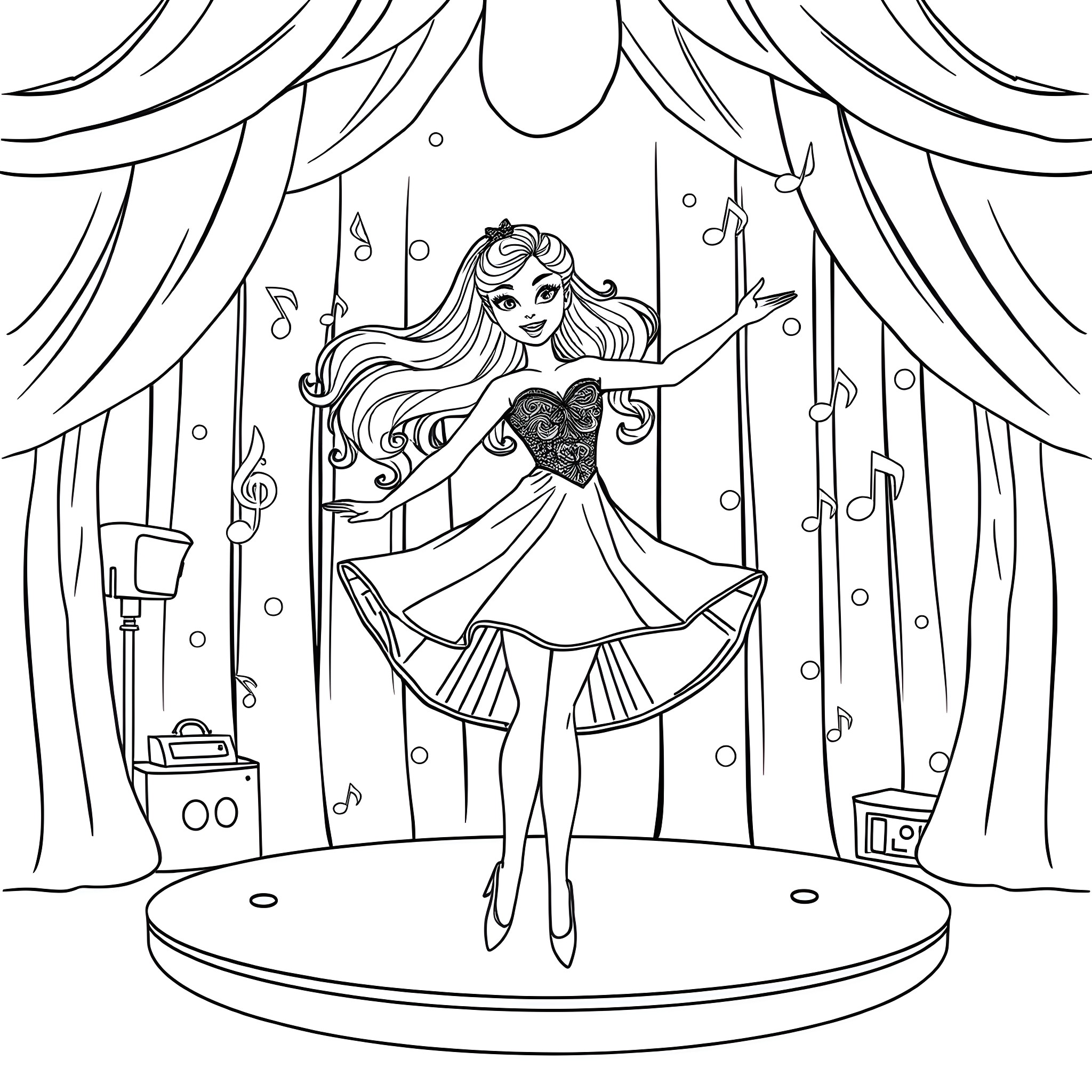 Megan Doll dancing on stage in a dress Coloring Page (free black-and-white line drawing printable PDF for all, from beginners to advanced learners, including children, teens, adults, and seniors)