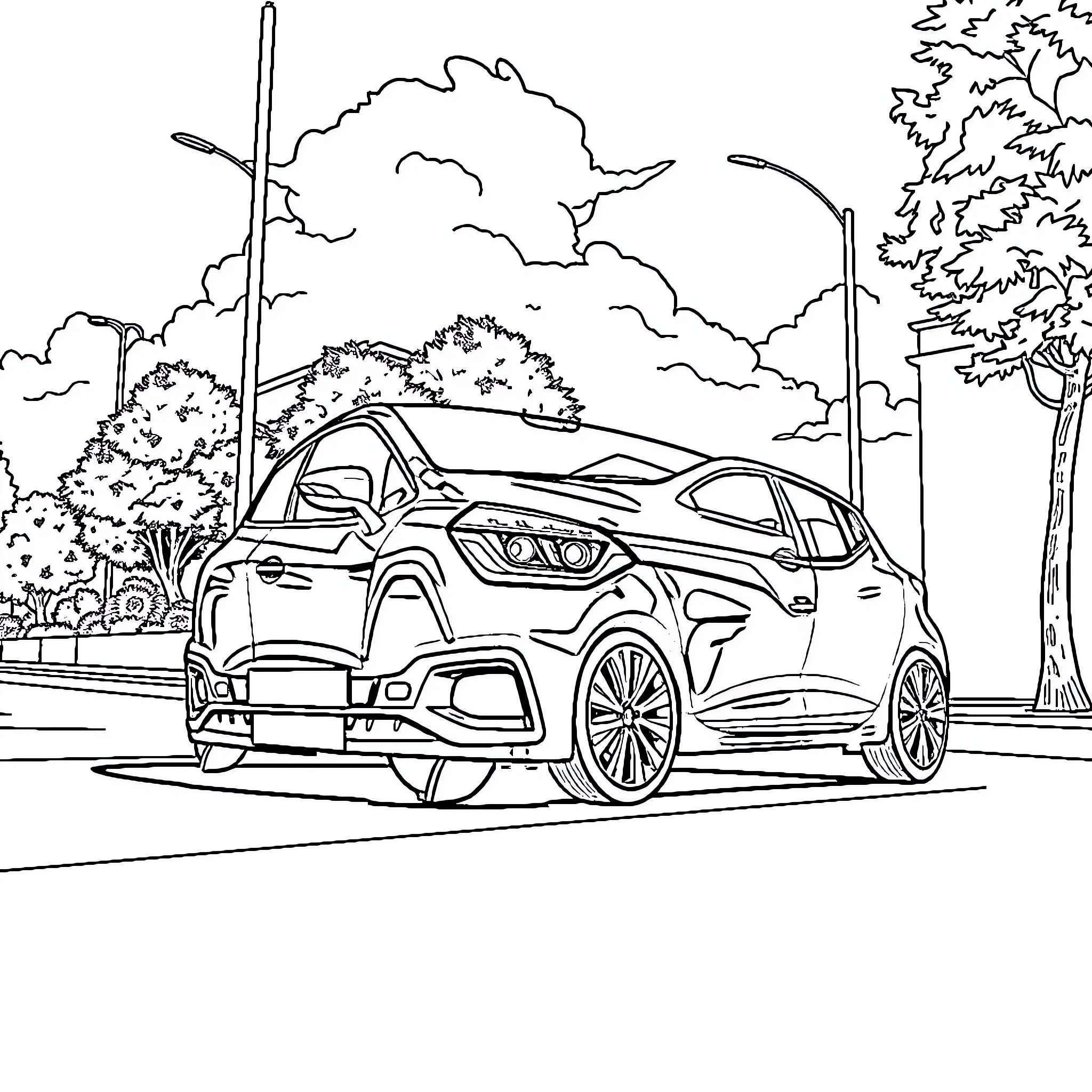 Renault Clio parked on a city street Coloring Page (free black-and-white line drawing printable PDF for all, from beginners to advanced learners, including children, teens, adults, and seniors)
