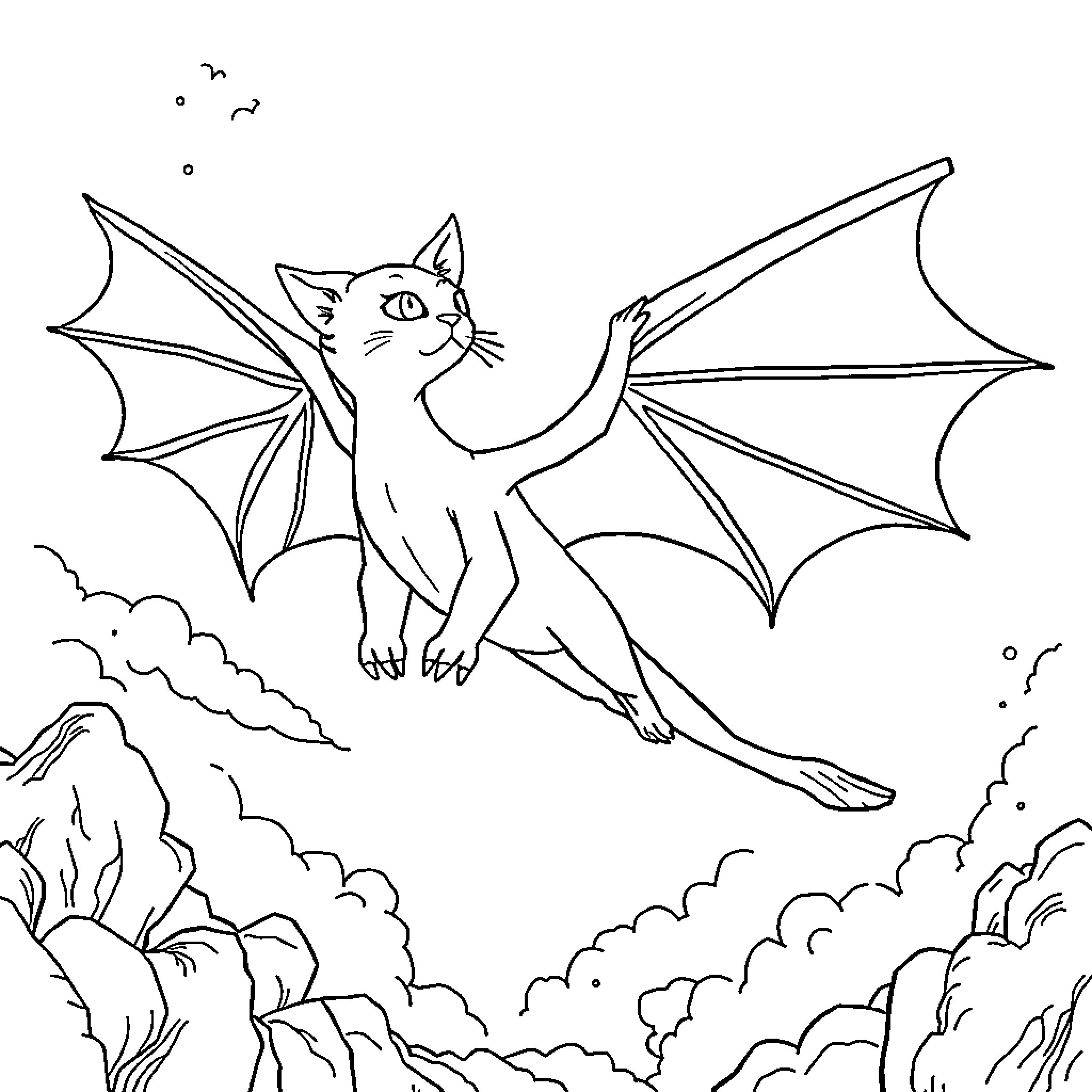 Catdragon taking flight above the clouds Coloring Page (free black-and-white line drawing printable PDF for all, from beginners to advanced learners, including children, teens, adults, and seniors)