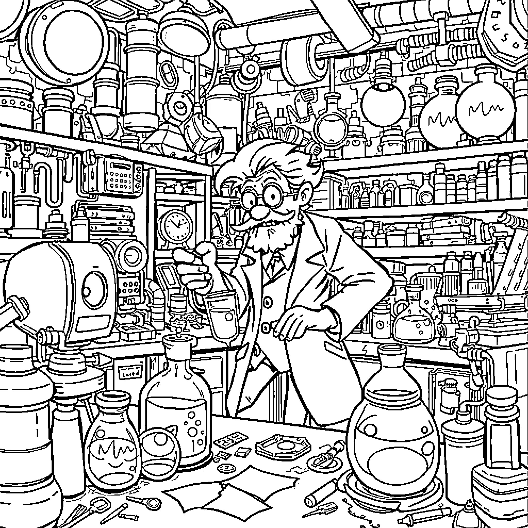 Mad Scientist Experiments in Chaotic Laboratory Coloring Page (free black-and-white line drawing printable PDF for all, from beginners to advanced learners, including children, teens, adults, and seniors)