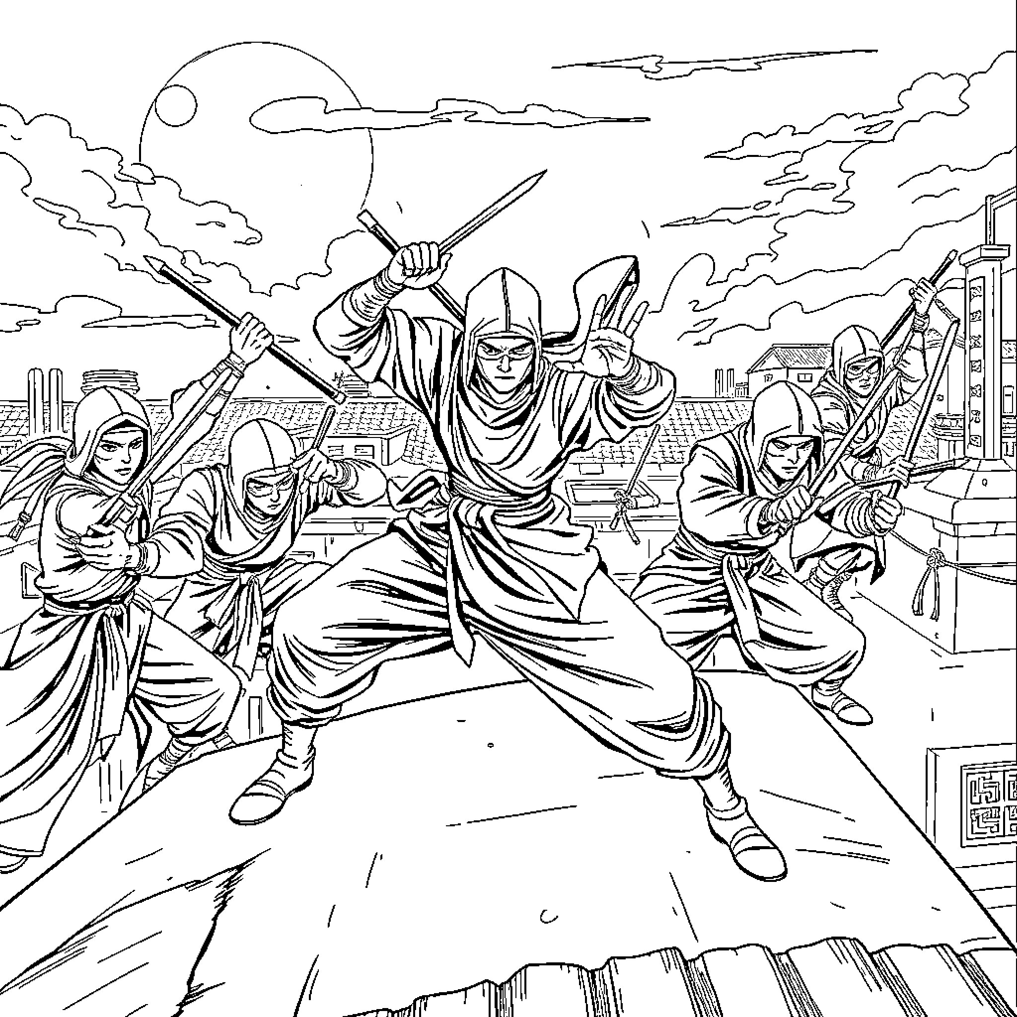 Ninja warriors engaged in fierce battle amidst cityscape Coloring Page (free black-and-white line drawing printable PDF for all, from beginners to advanced learners, including children, teens, adults, and seniors)