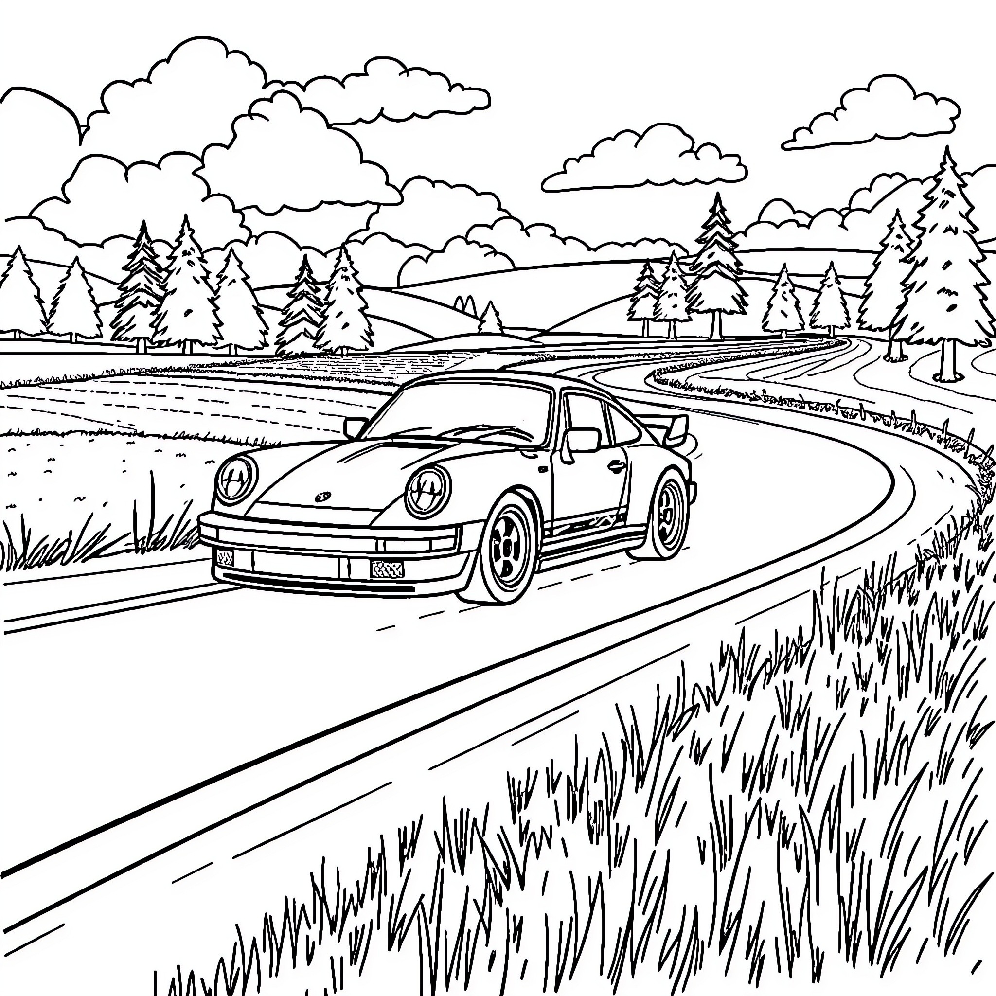 Porsche speeding through a scenic countryside Coloring Page (free black-and-white line drawing printable PDF for all, from beginners to advanced learners, including children, teens, adults, and seniors)