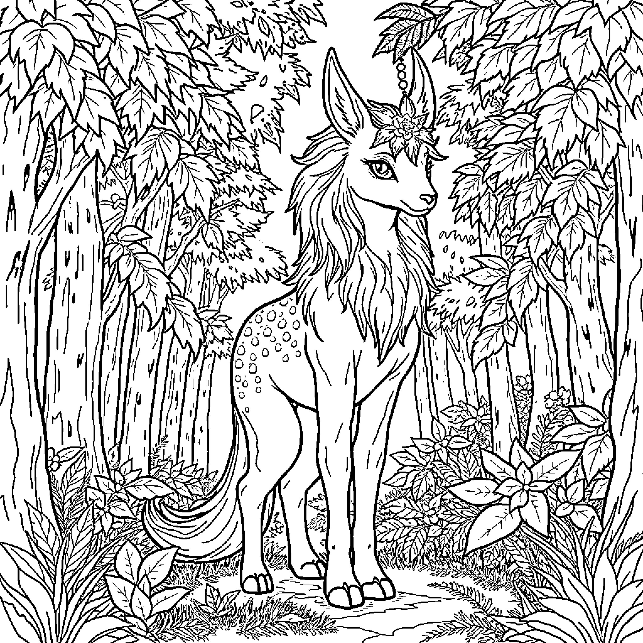 Vonejo's Enchanting Forest Adventure Coloring Page (free black-and-white line drawing printable PDF for all, from beginners to advanced learners, including children, teens, adults, and seniors)