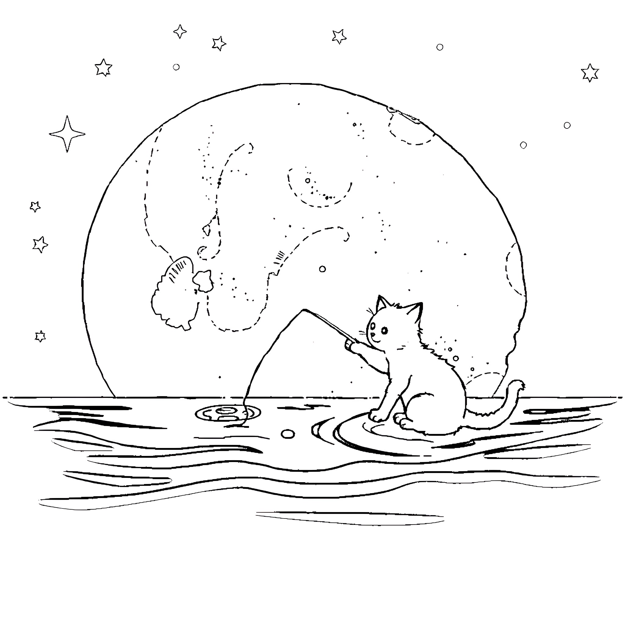 Cat admiring the starry night sky Coloring Page (free black-and-white line drawing printable PDF for all, from beginners to advanced learners, including children, teens, adults, and seniors)