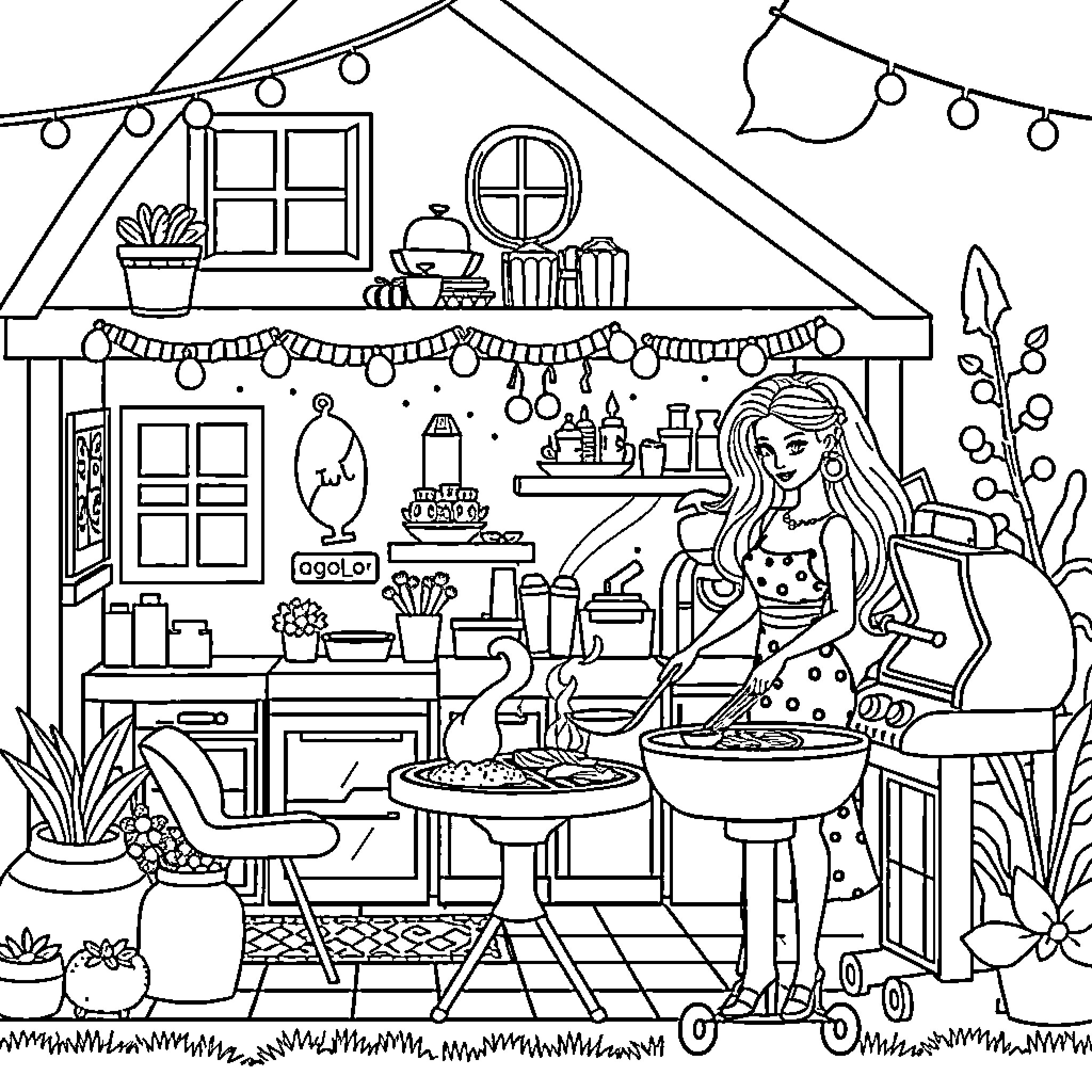 Dollhouse with a young girl cooking in the kitchen Coloring Page (free black-and-white line drawing printable PDF for all, from beginners to advanced learners, including children, teens, adults, and seniors)