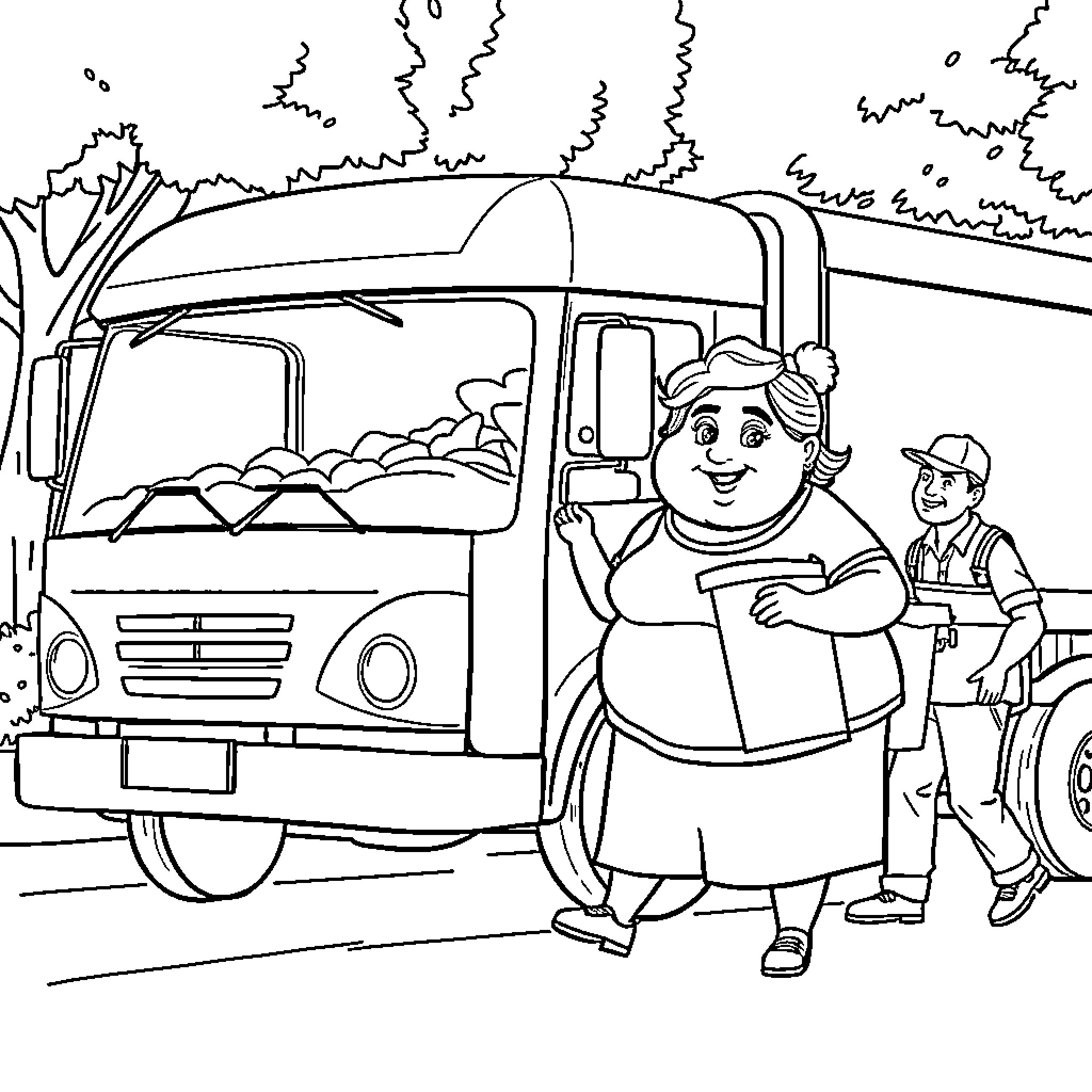 Woman operating a large truck on a rural road Coloring Page (free black-and-white line drawing printable PDF for all, from beginners to advanced learners, including children, teens, adults, and seniors)