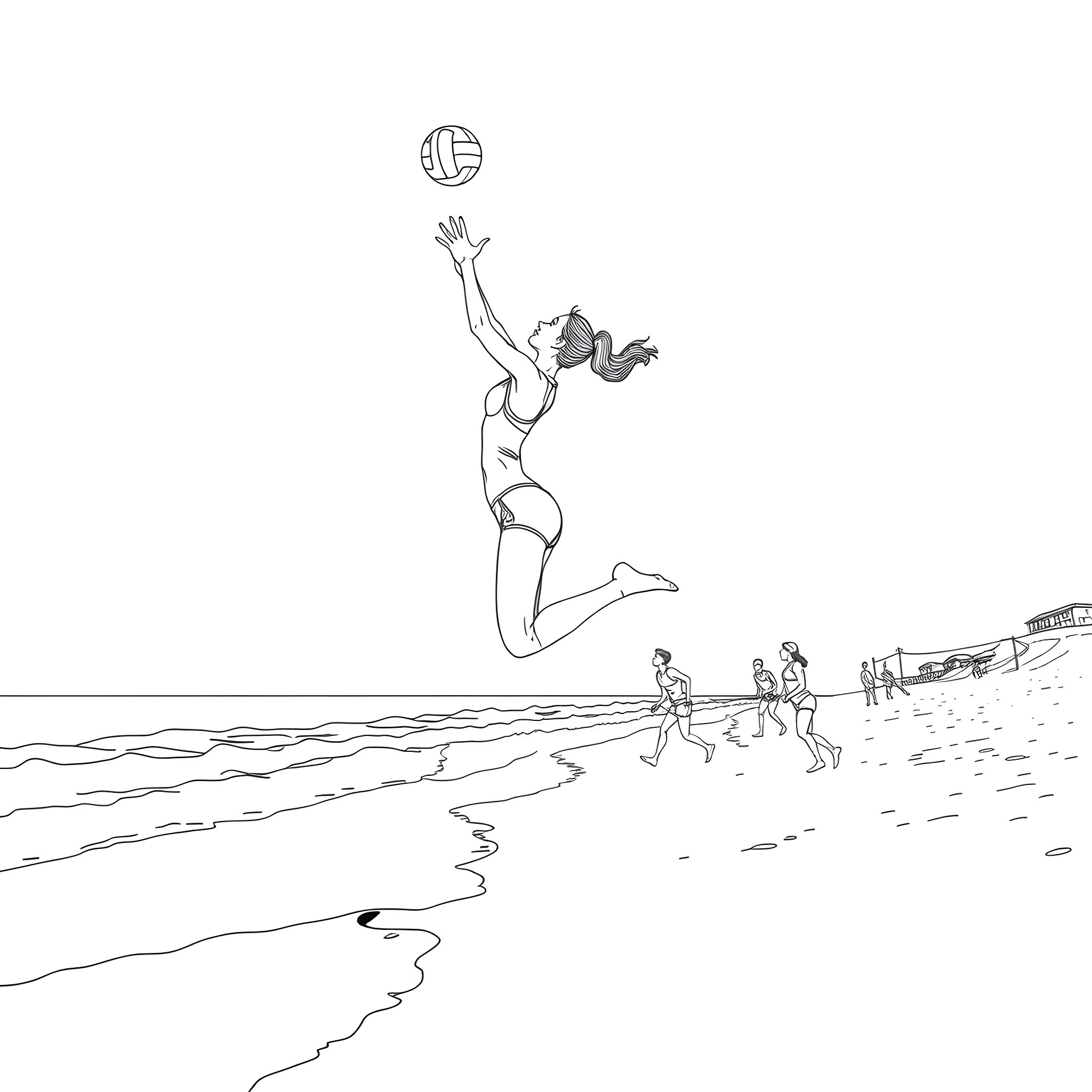Woman jumping for a volleyball on the beach Coloring Page (free black-and-white line drawing printable PDF for all, from beginners to advanced learners, including children, teens, adults, and seniors)