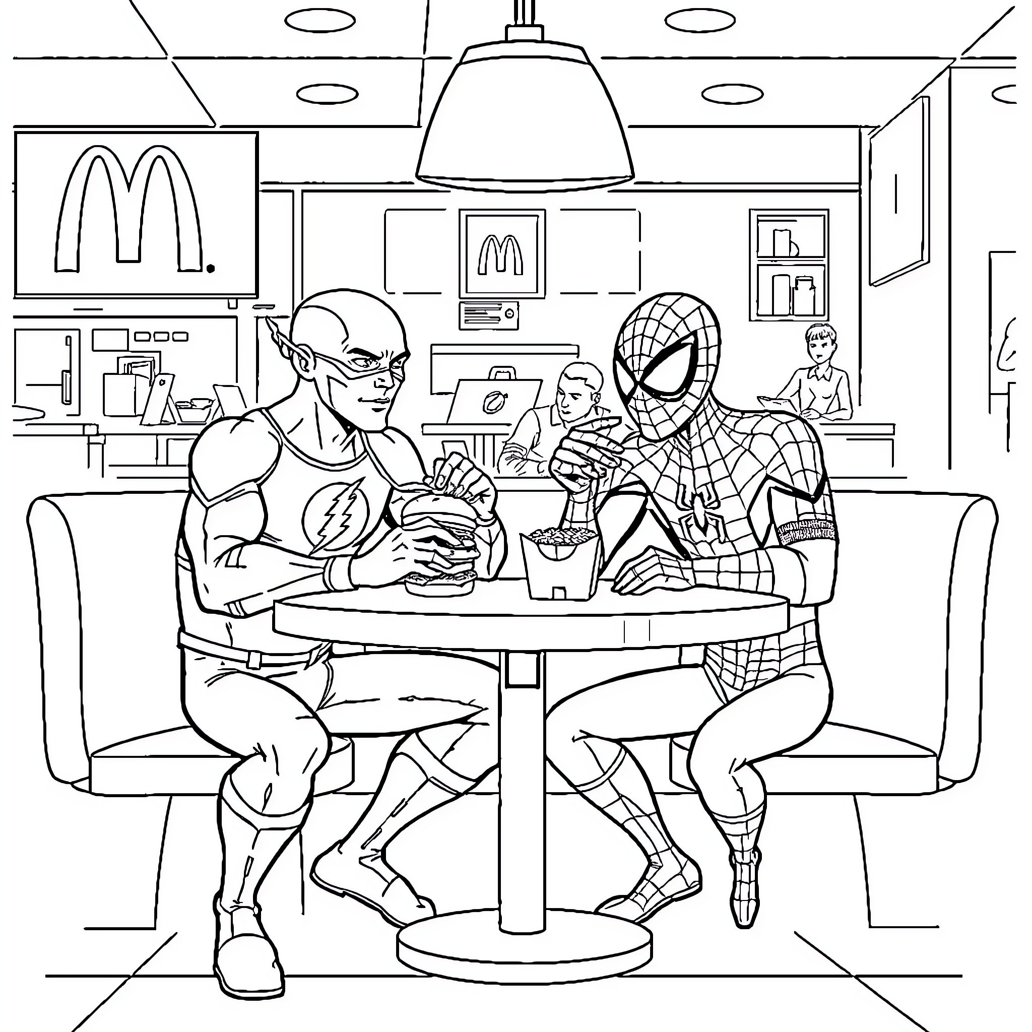 Flash Characters Dining at Fast Food Restaurant Coloring Page (free black-and-white line drawing printable PDF for all, from beginners to advanced learners, including children, teens, adults, and seniors)