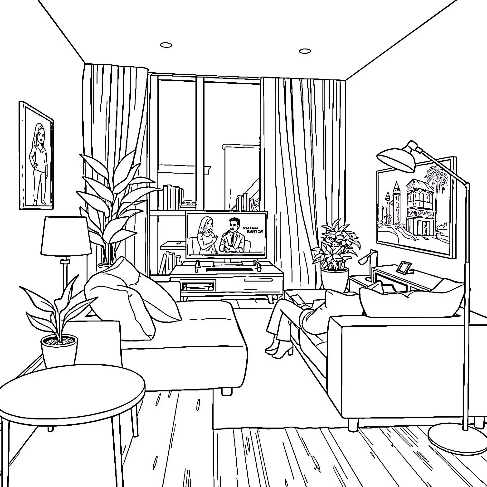 Karakter: Cozy Living Room Scene with Couple Relaxing Coloring Page (free black-and-white line drawing printable PDF for all, from beginners to advanced learners, including children, teens, adults, and seniors)