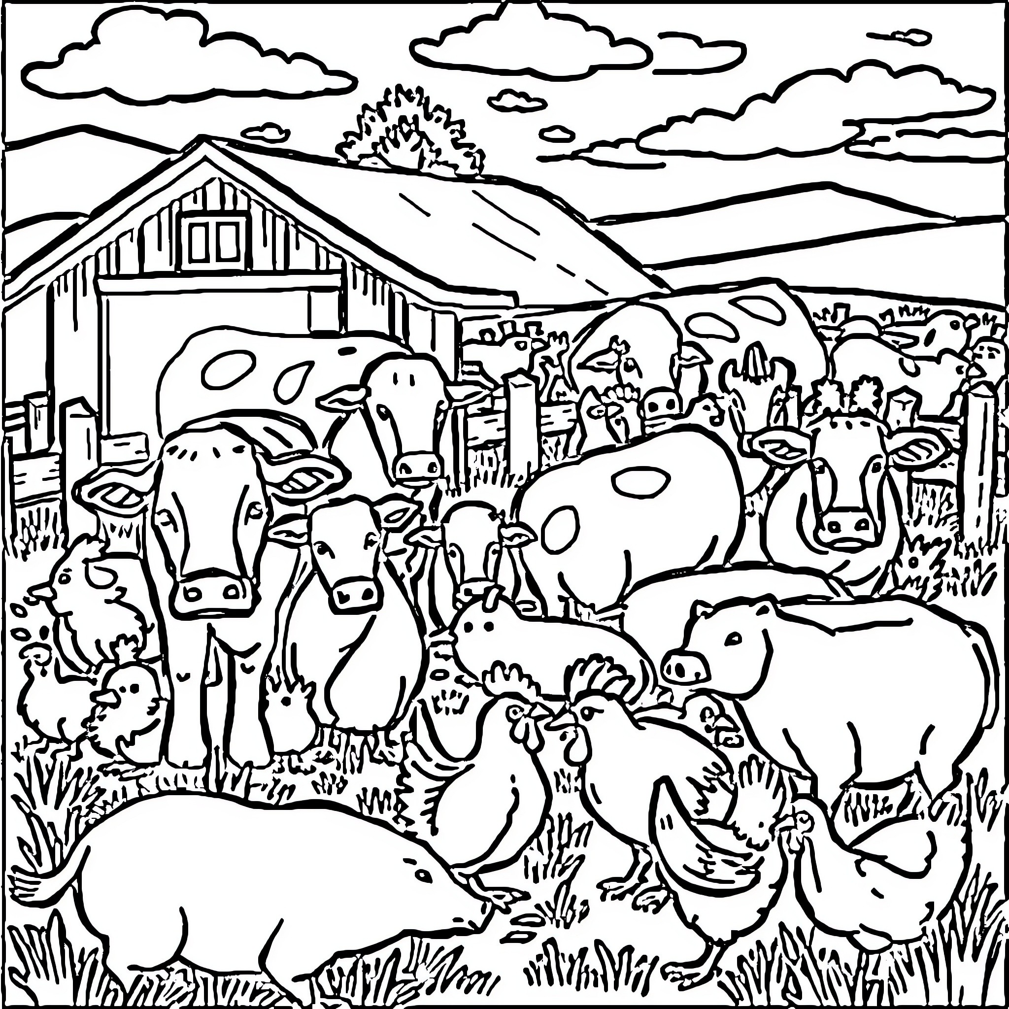 Animal farm with various creatures in rural setting Coloring Page (free black-and-white line drawing printable PDF for all, from beginners to advanced learners, including children, teens, adults, and seniors)