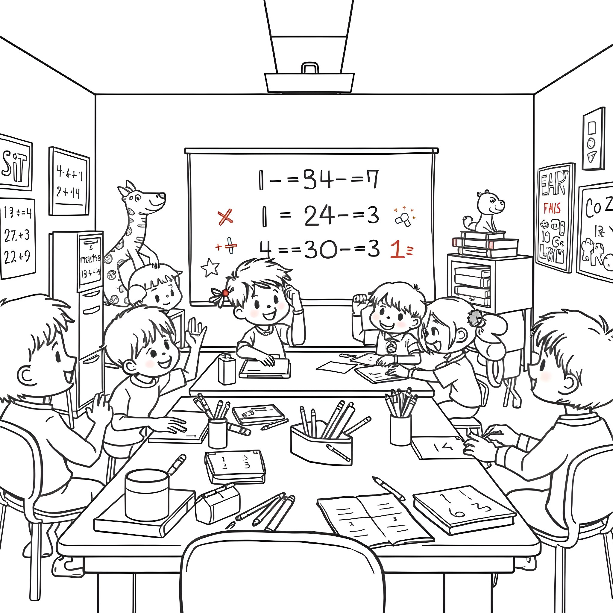 Math activities in a lively classroom Coloring Page (free black-and-white line drawing printable PDF for all, from beginners to advanced learners, including children, teens, adults, and seniors)