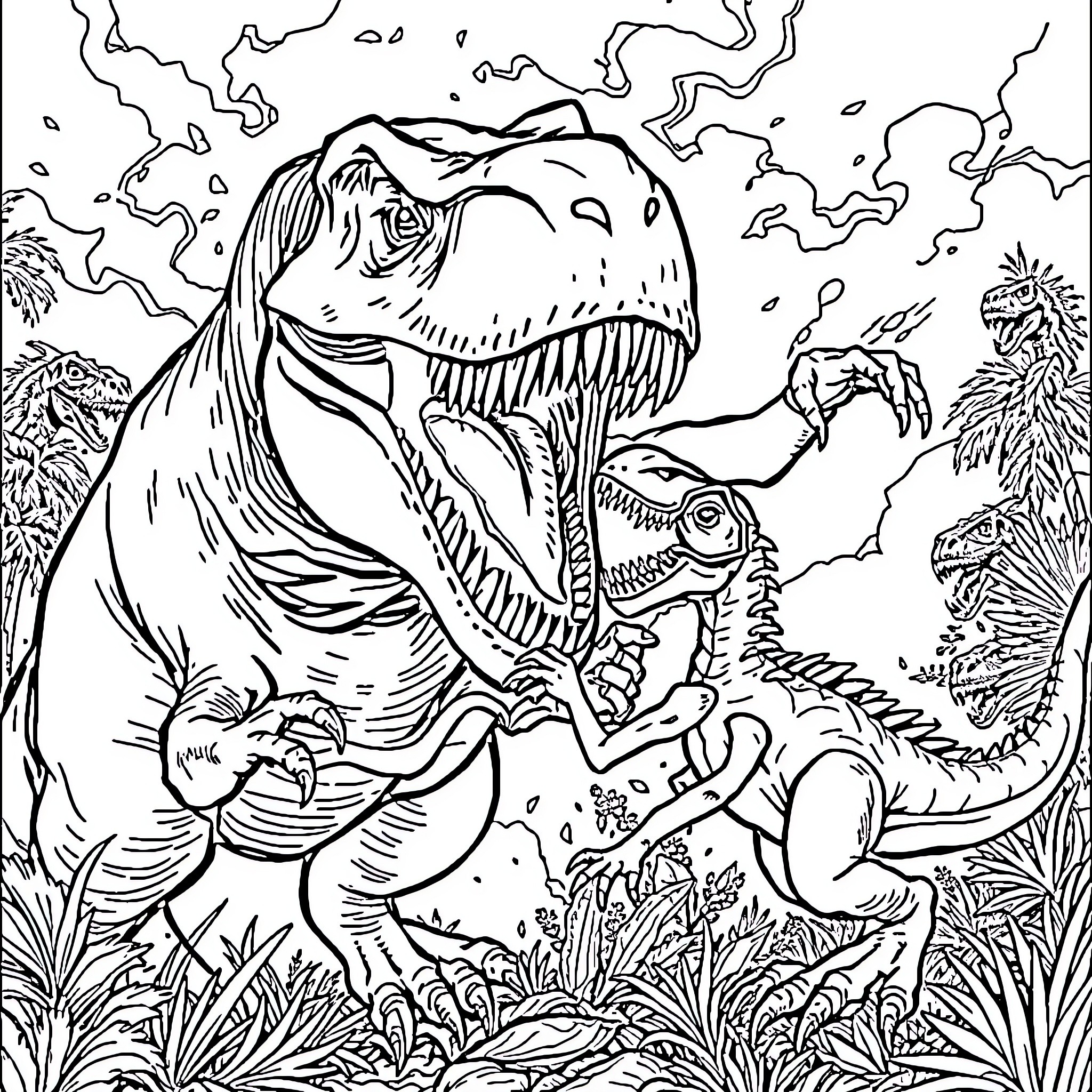 T-Rex Battling with Smaller Dinosaurs in the Prehistoric Landscape Coloring Page (free black-and-white line drawing printable PDF for all, from beginners to advanced learners, including children, teens, adults, and seniors)