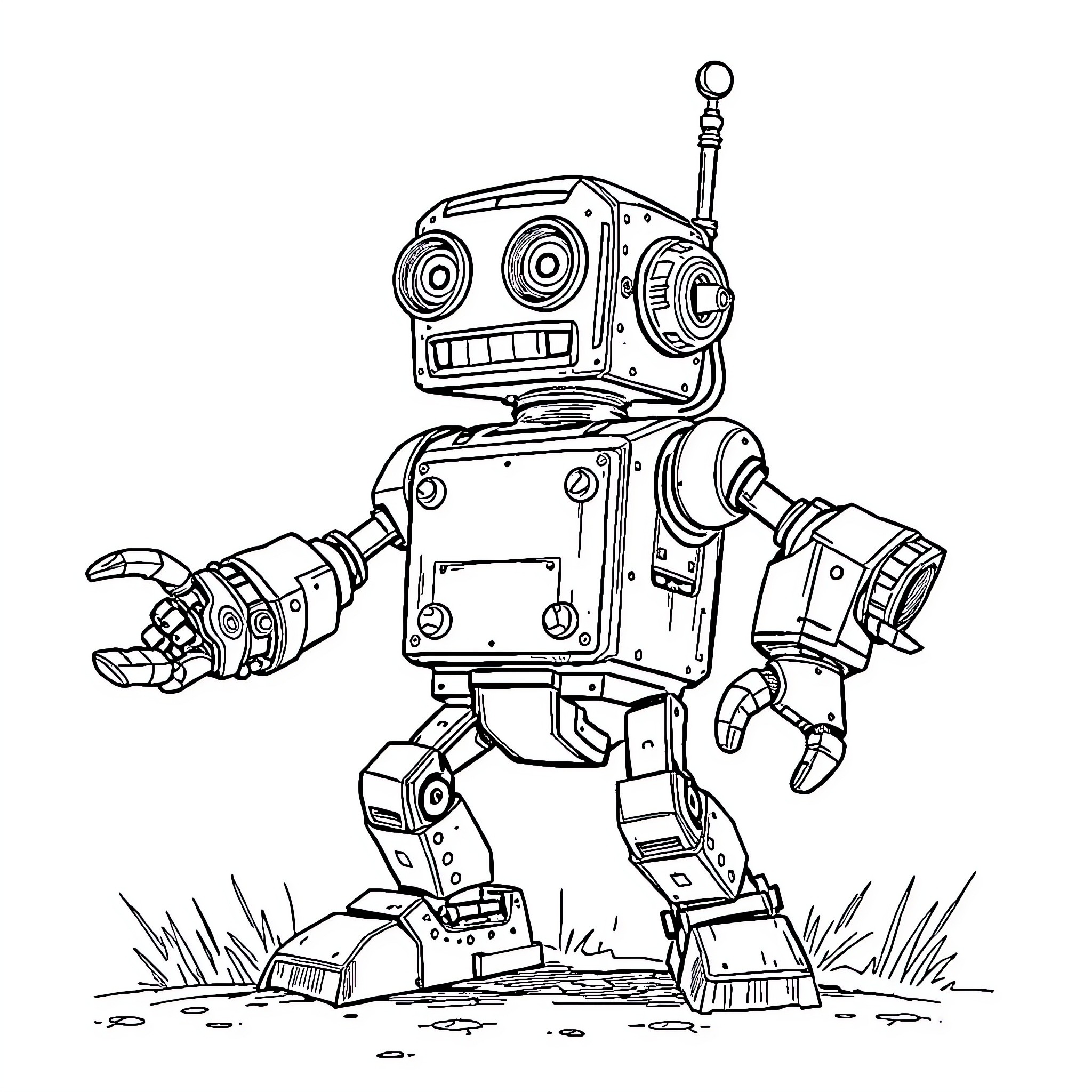 ClankER robot exploring the grassy terrain Coloring Page (free black-and-white line drawing printable PDF for all, from beginners to advanced learners, including children, teens, adults, and seniors)