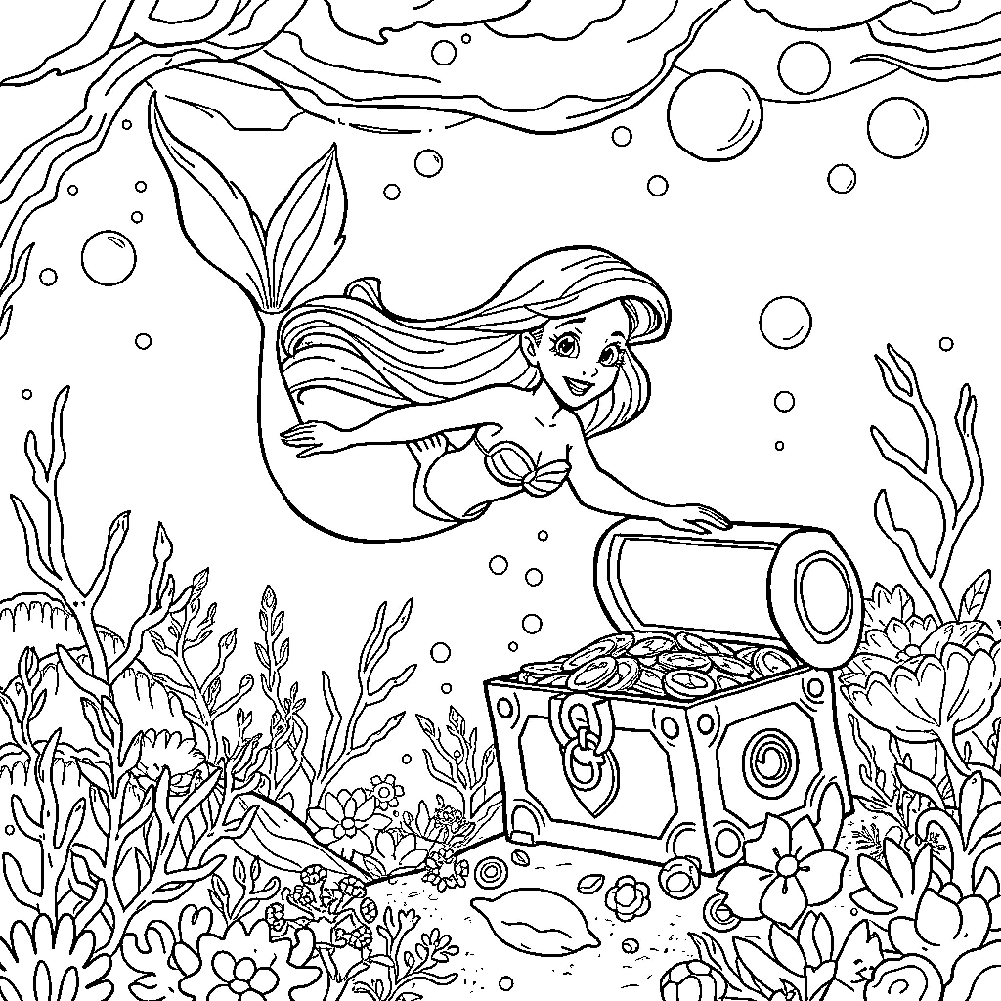 Ariel exploring the underwater world with a treasure chest Coloring Page (free black-and-white line drawing printable PDF for all, from beginners to advanced learners, including children, teens, adults, and seniors)