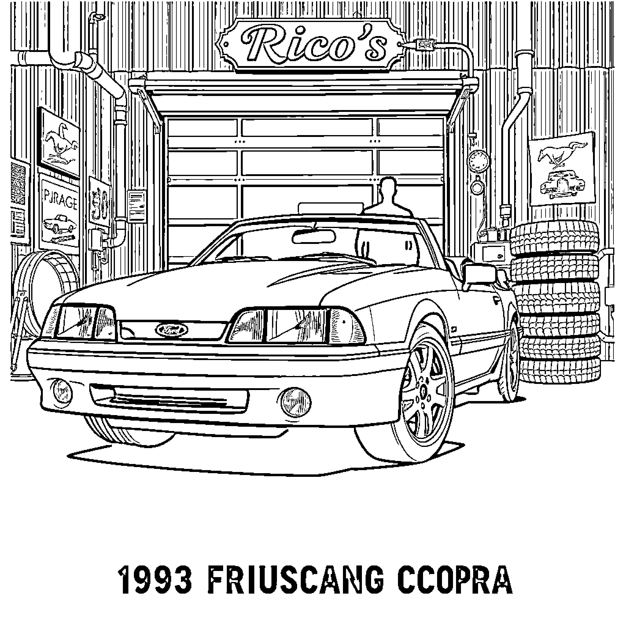 Ford Mustang Parked at Auto Shop Coloring Page (free black-and-white line drawing printable PDF for all, from beginners to advanced learners, including children, teens, adults, and seniors)