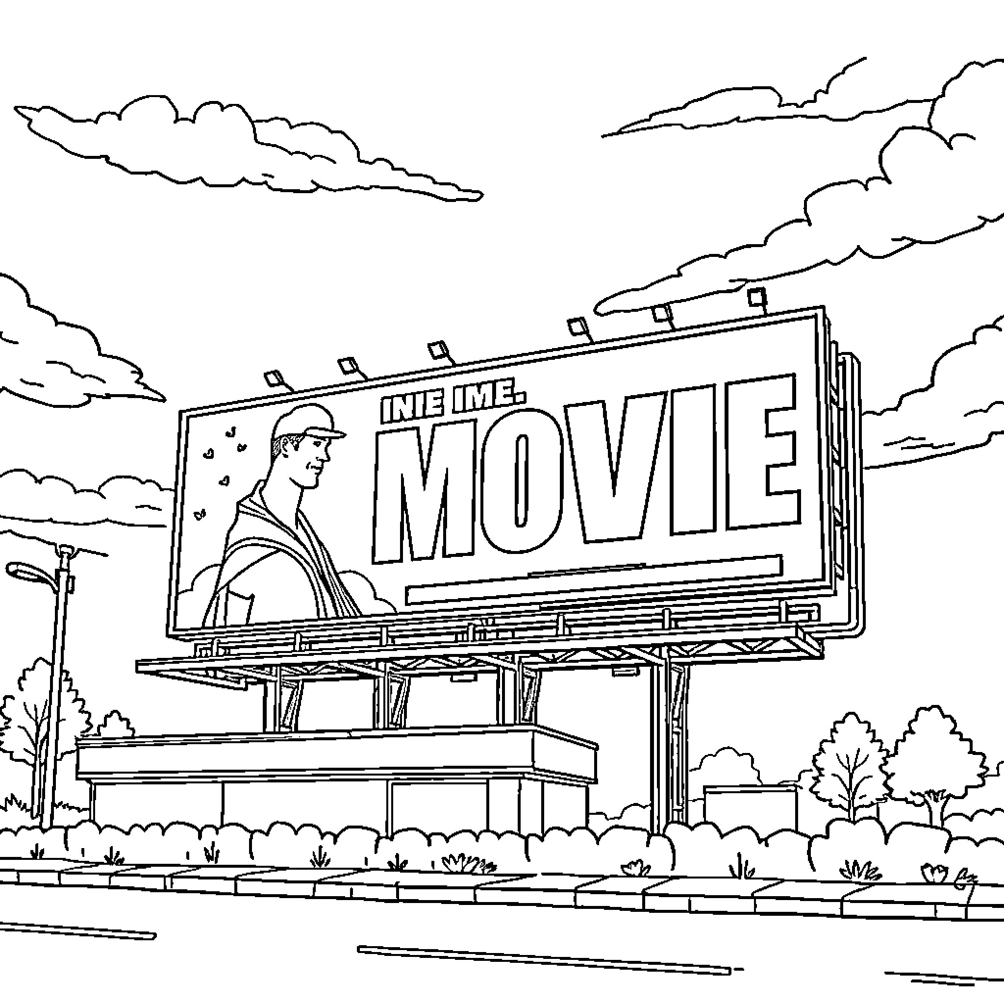 Billboard advertising an upcoming movie Coloring Page (free black-and-white line drawing printable PDF for all, from beginners to advanced learners, including children, teens, adults, and seniors)