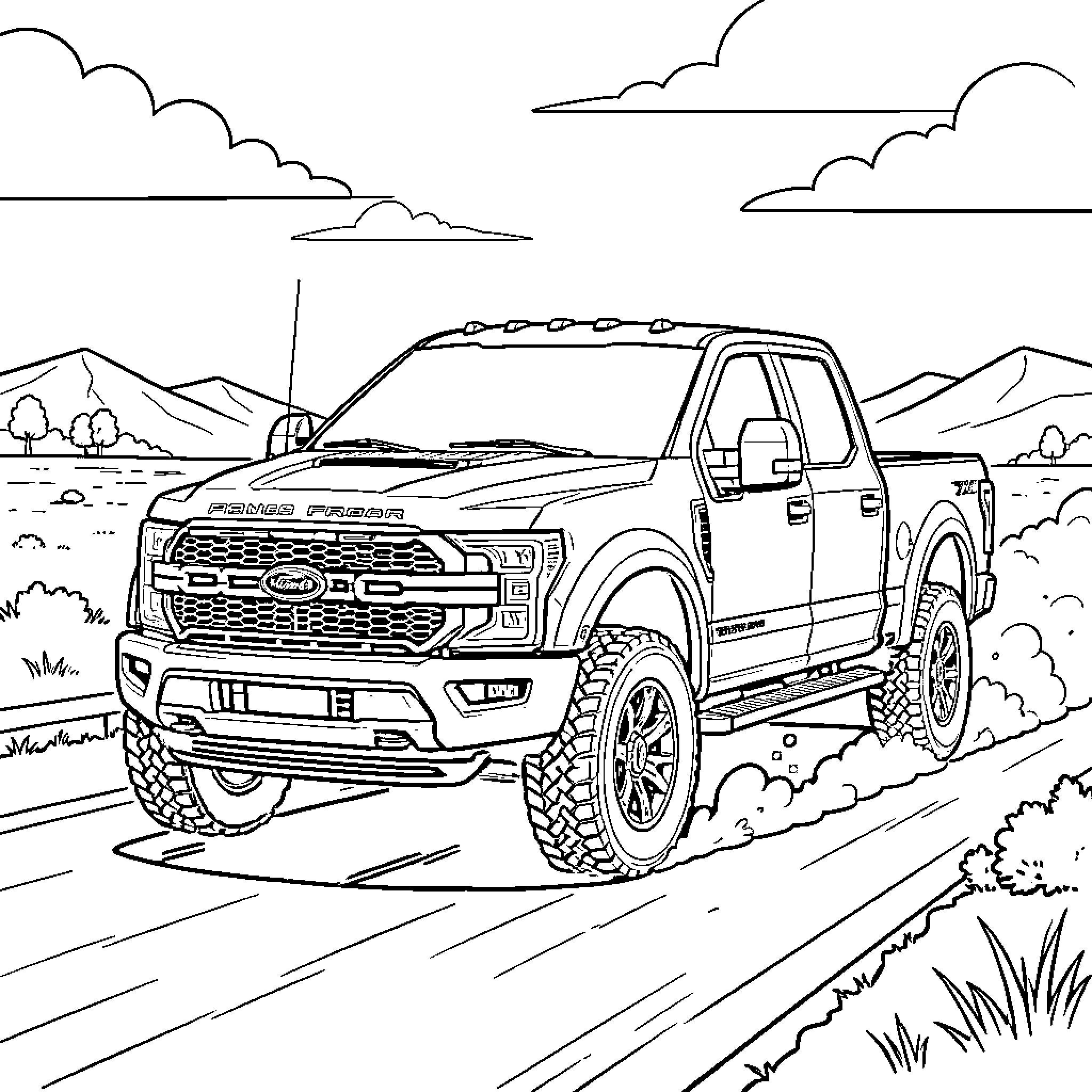 Ford F250 off-road truck traversing rugged terrain Coloring Page (free black-and-white line drawing printable PDF for all, from beginners to advanced learners, including children, teens, adults, and seniors)