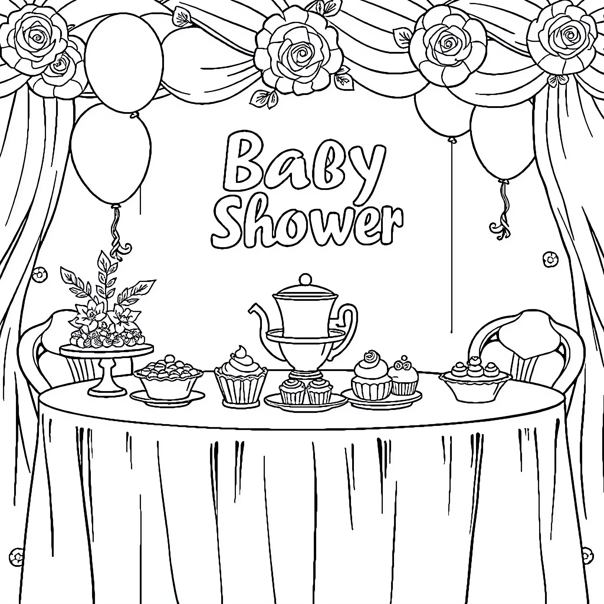 Baby Girl Enjoying Delightful Baby Shower Celebration Coloring Page (free black-and-white line drawing printable PDF for all, from beginners to advanced learners, including children, teens, adults, and seniors)