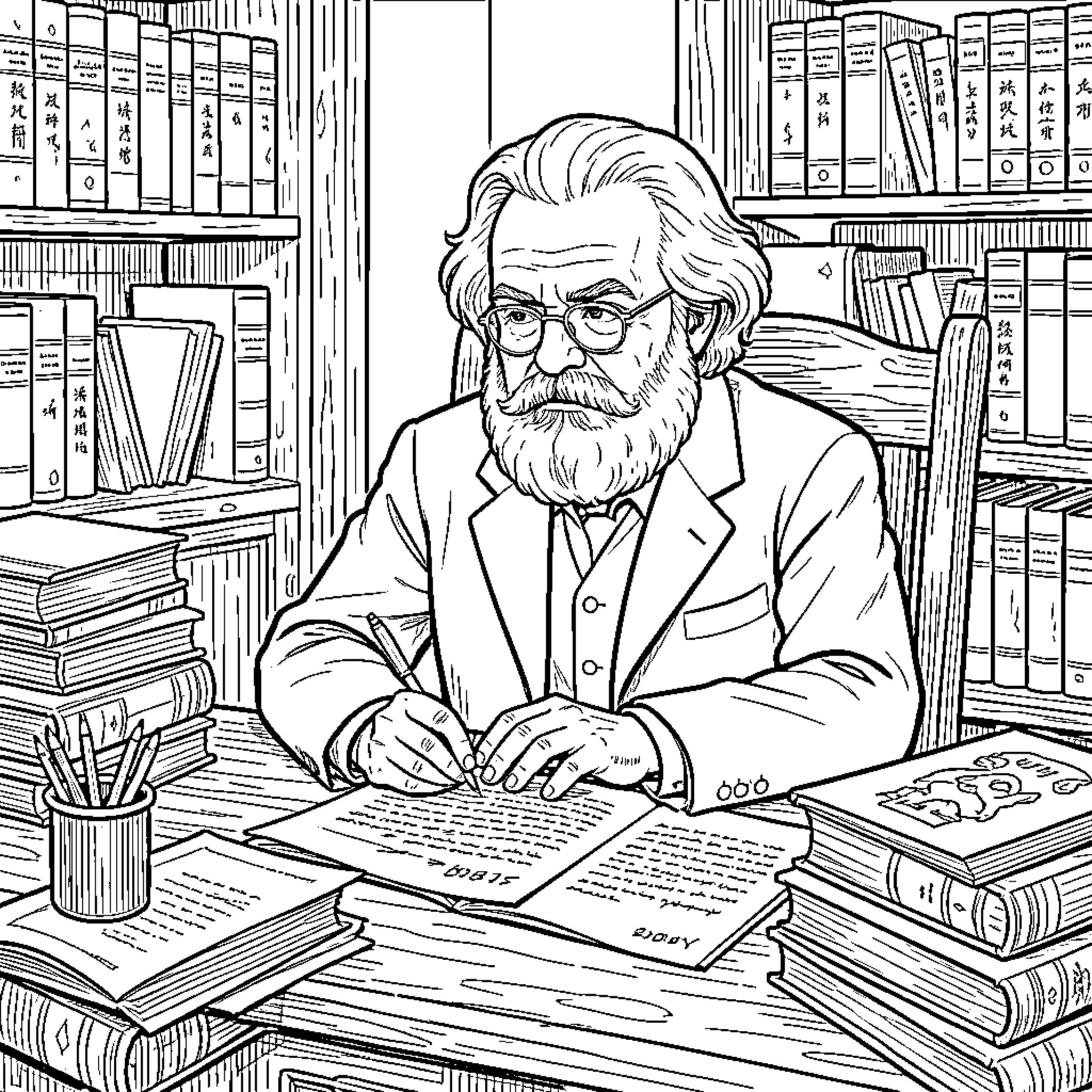 Karl Marx writing intently at a desk full of books Coloring Page (free black-and-white line drawing printable PDF for all, from beginners to advanced learners, including children, teens, adults, and seniors)