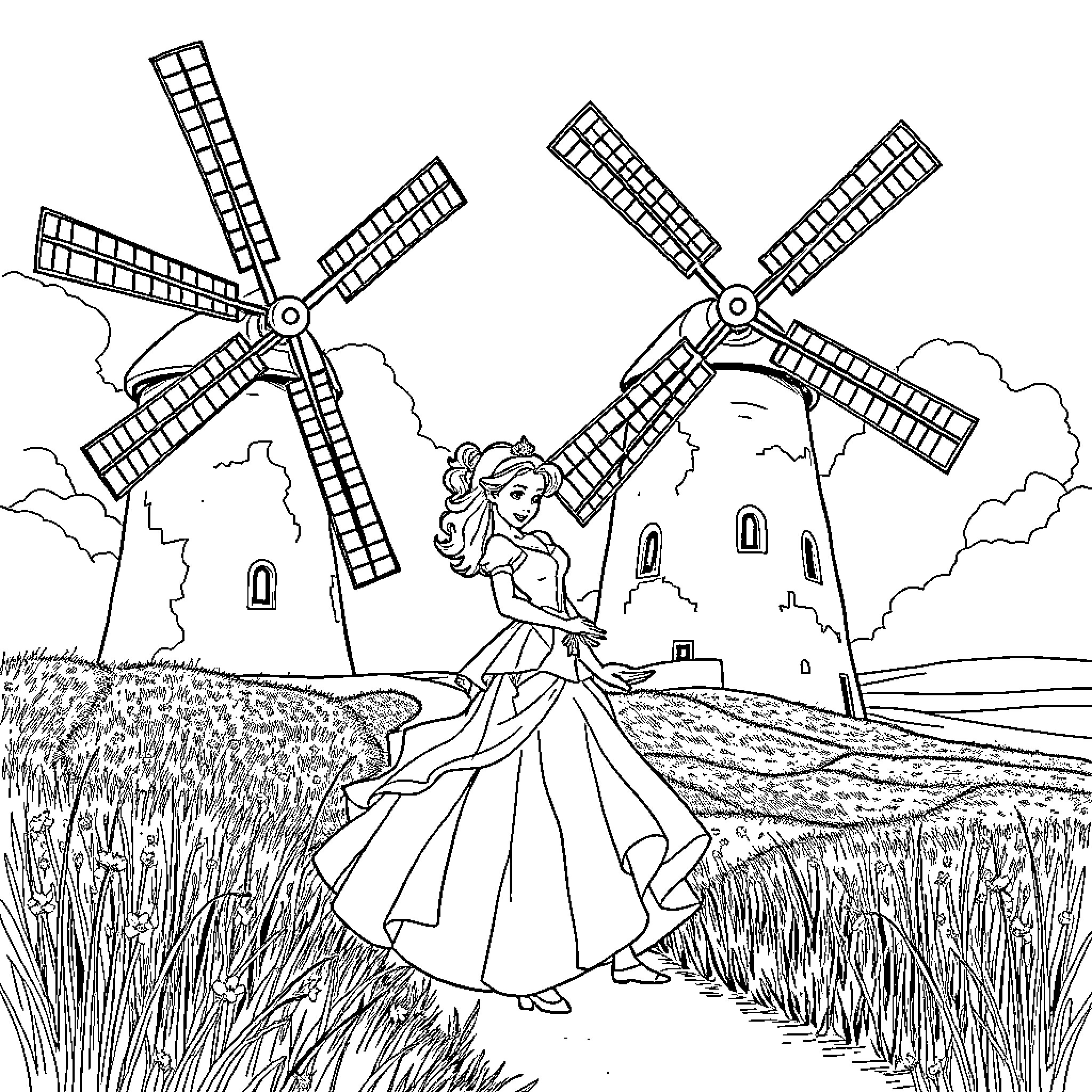 Princess exploring the picturesque windmill landscape Coloring Page (free black-and-white line drawing printable PDF for all, from beginners to advanced learners, including children, teens, adults, and seniors)