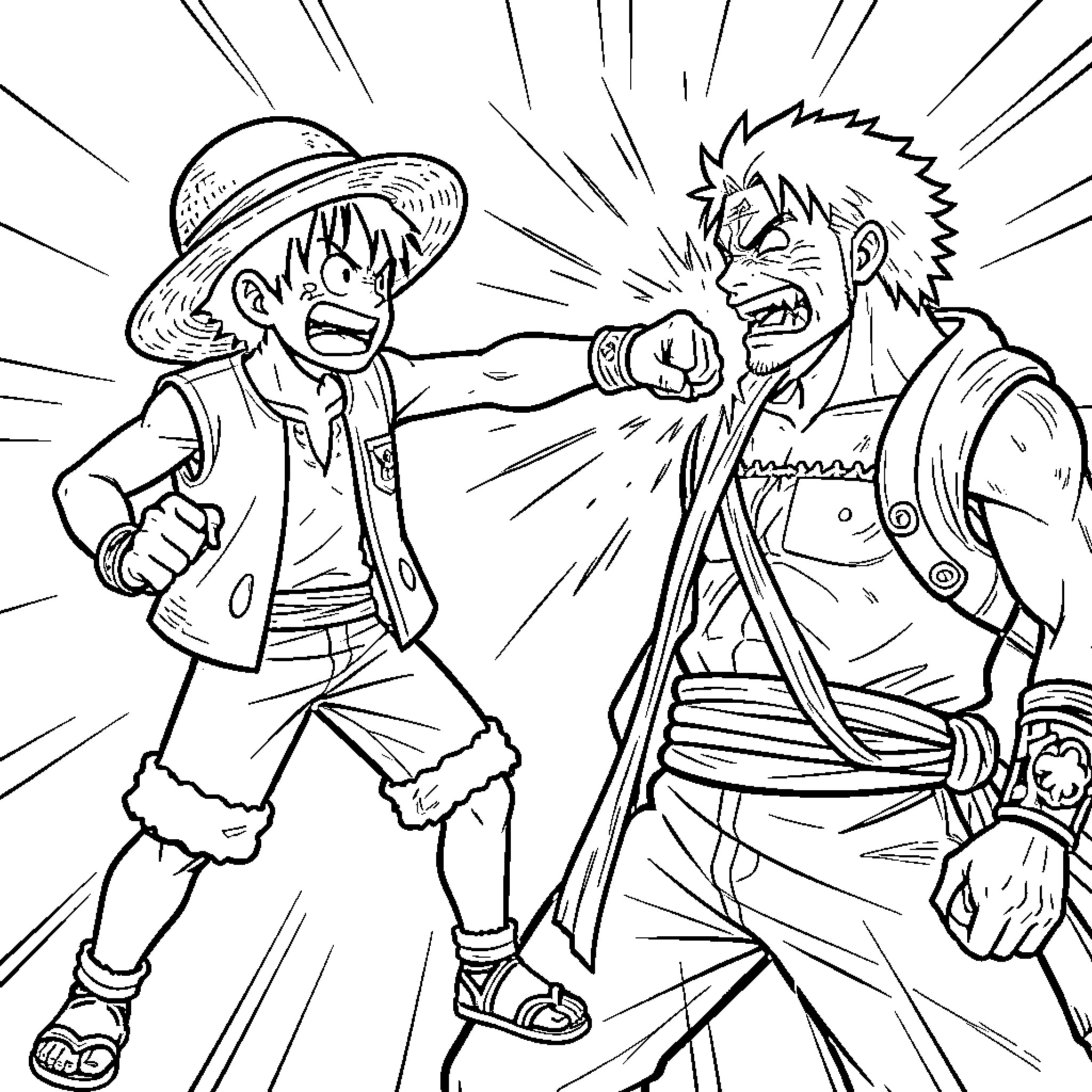 Luffy punching a muscular opponent in a battle Coloring Page (free black-and-white line drawing printable PDF for all, from beginners to advanced learners, including children, teens, adults, and seniors)