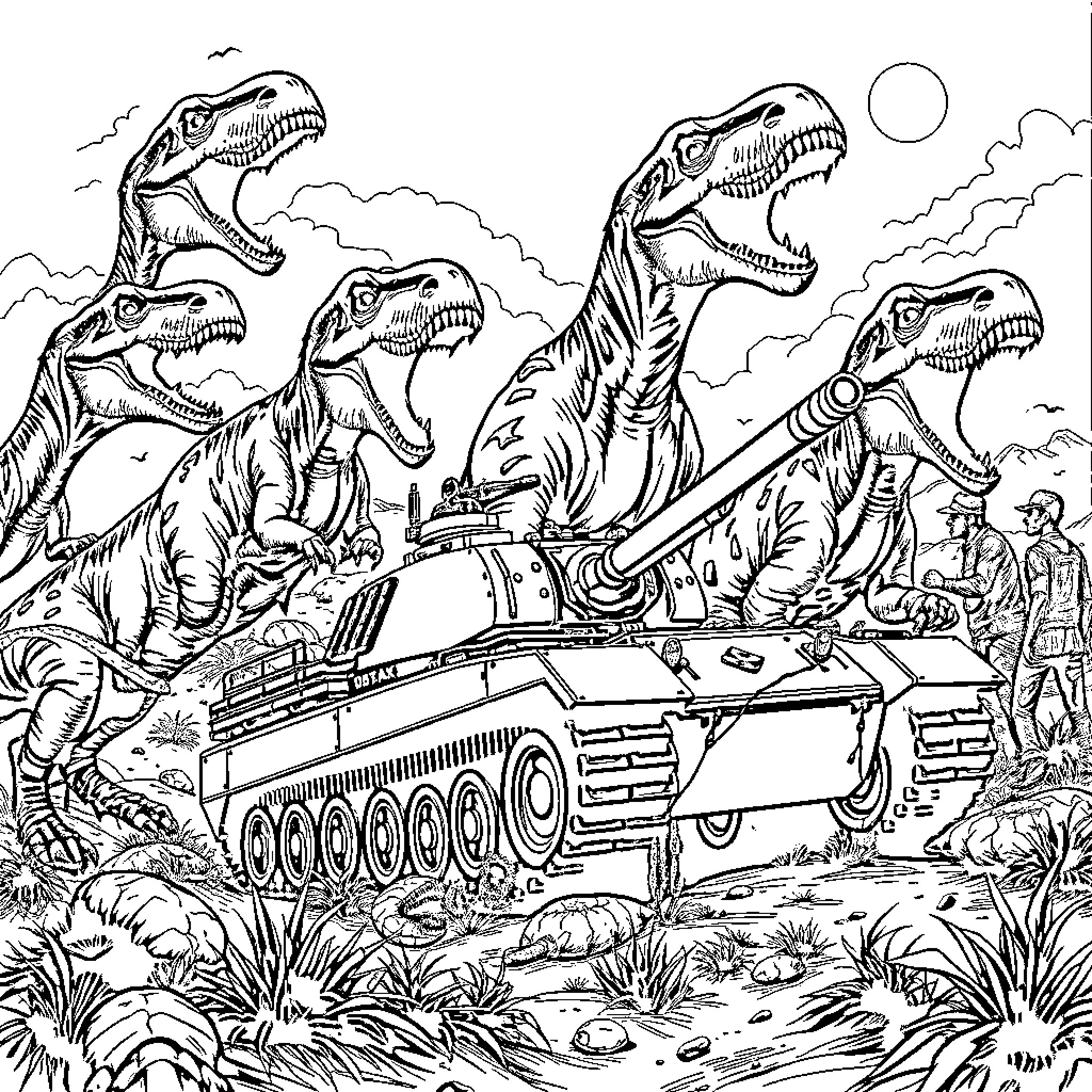 Zombie Dinosaurs Attacking Military Tank in Apocalyptic Landscape Coloring Page (free black-and-white line drawing printable PDF for all, from beginners to advanced learners, including children, teens, adults, and seniors)