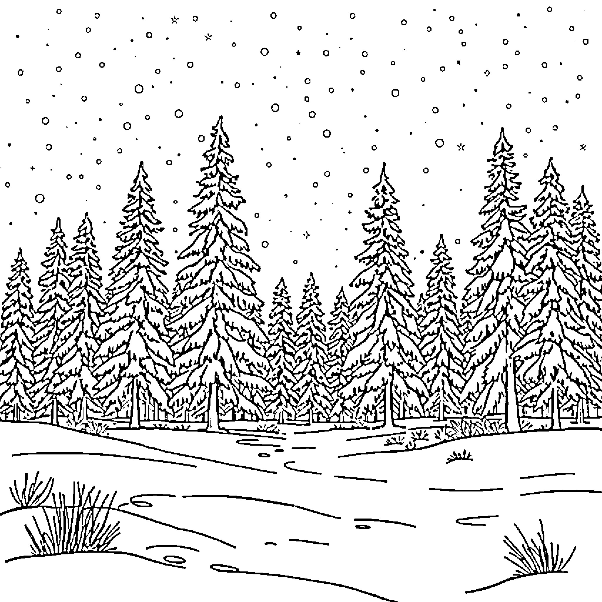 Lapland winter landscape with snowy pine trees Coloring Page (free black-and-white line drawing printable PDF for all, from beginners to advanced learners, including children, teens, adults, and seniors)