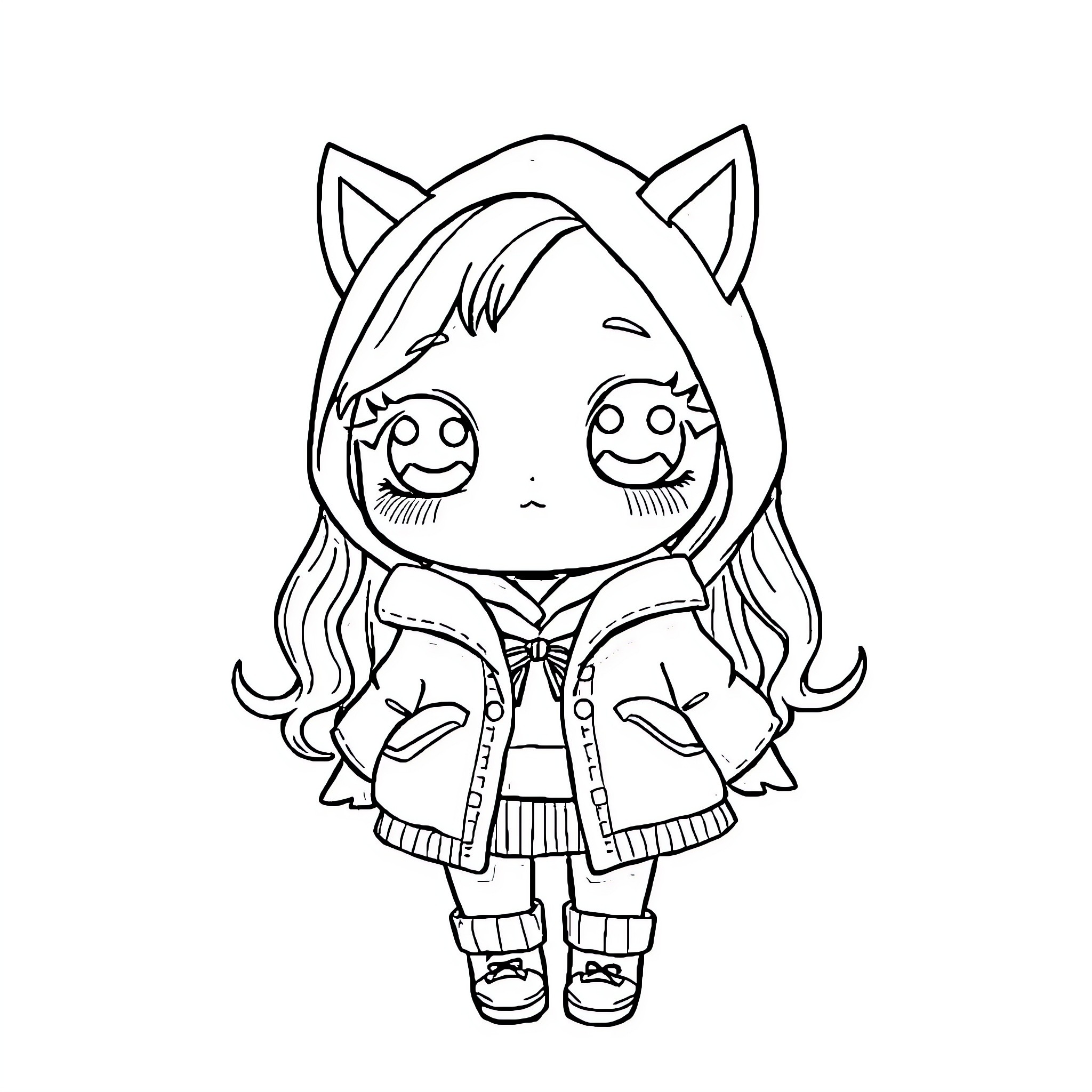 Kawaii Girl in Cat Hoodie Outfit Coloring Page (free black-and-white line drawing printable PDF for all, from beginners to advanced learners, including children, teens, adults, and seniors)