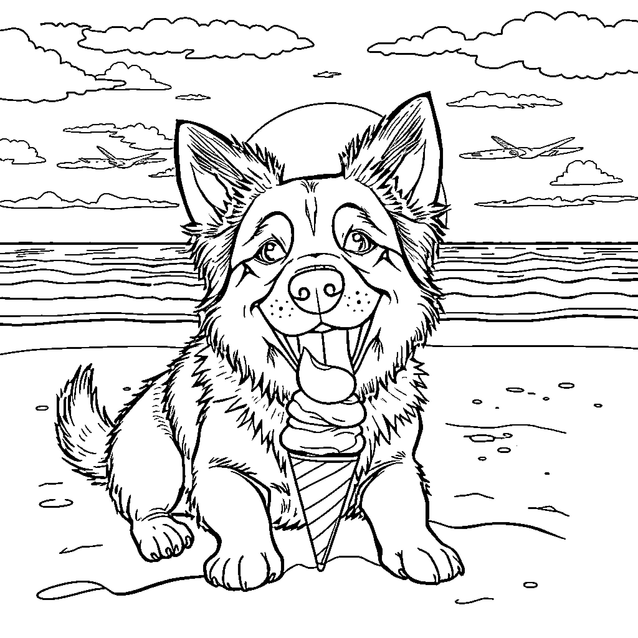 Dog relaxing on the beach with a serene sunset Coloring Page (free black-and-white line drawing printable PDF for all, from beginners to advanced learners, including children, teens, adults, and seniors)