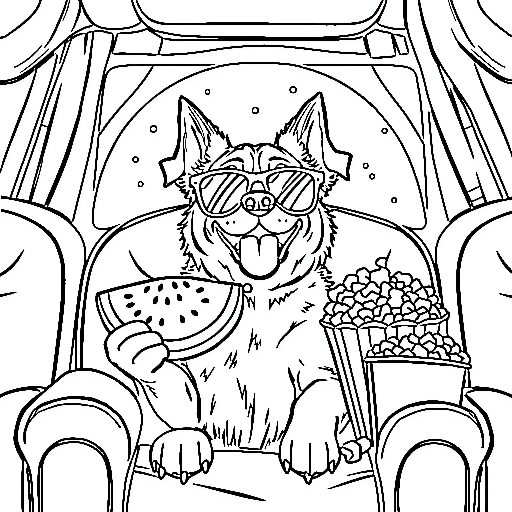 Dog enjoying a movie and snacks in the theater Coloring Page (free black-and-white line drawing printable PDF for all, from beginners to advanced learners, including children, teens, adults, and seniors)