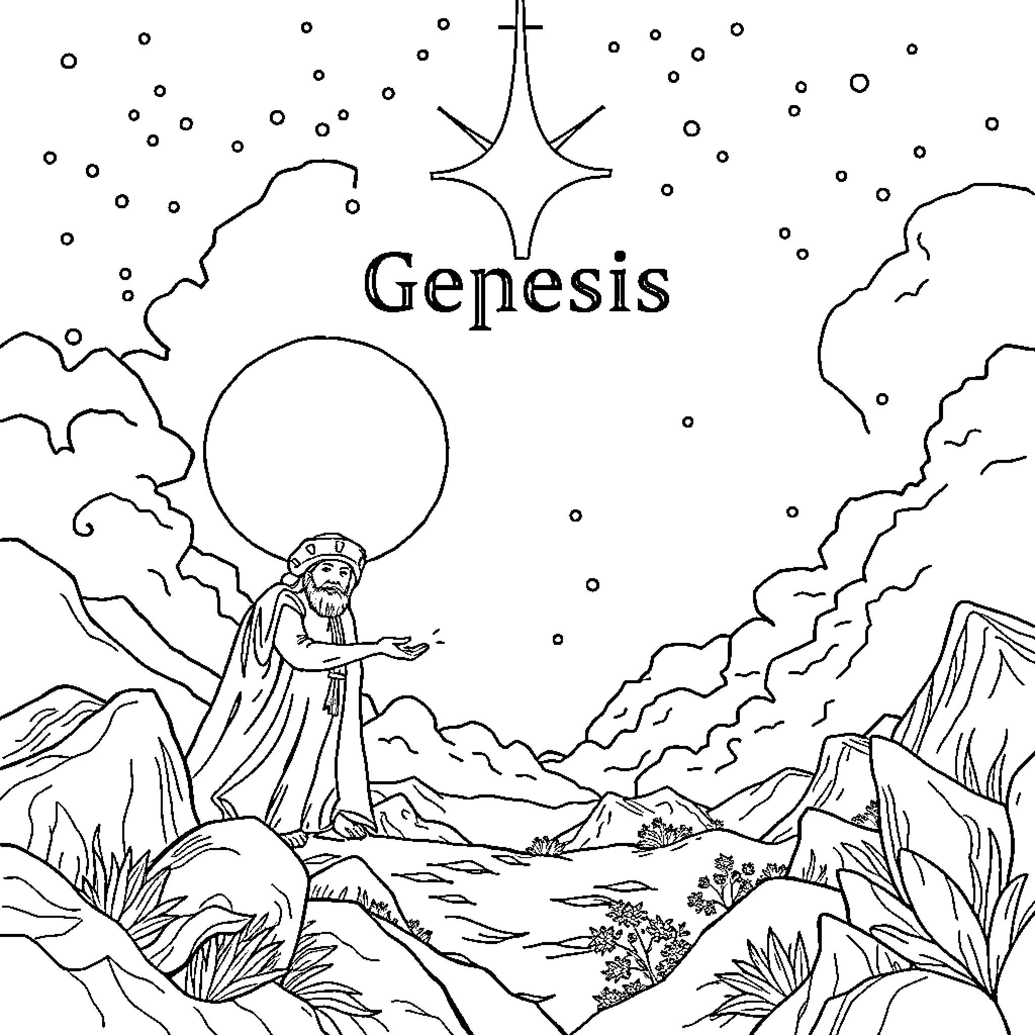 Genesis - Figures in a Mystical Landscape Coloring Page (free black-and-white line drawing printable PDF for all, from beginners to advanced learners, including children, teens, adults, and seniors)