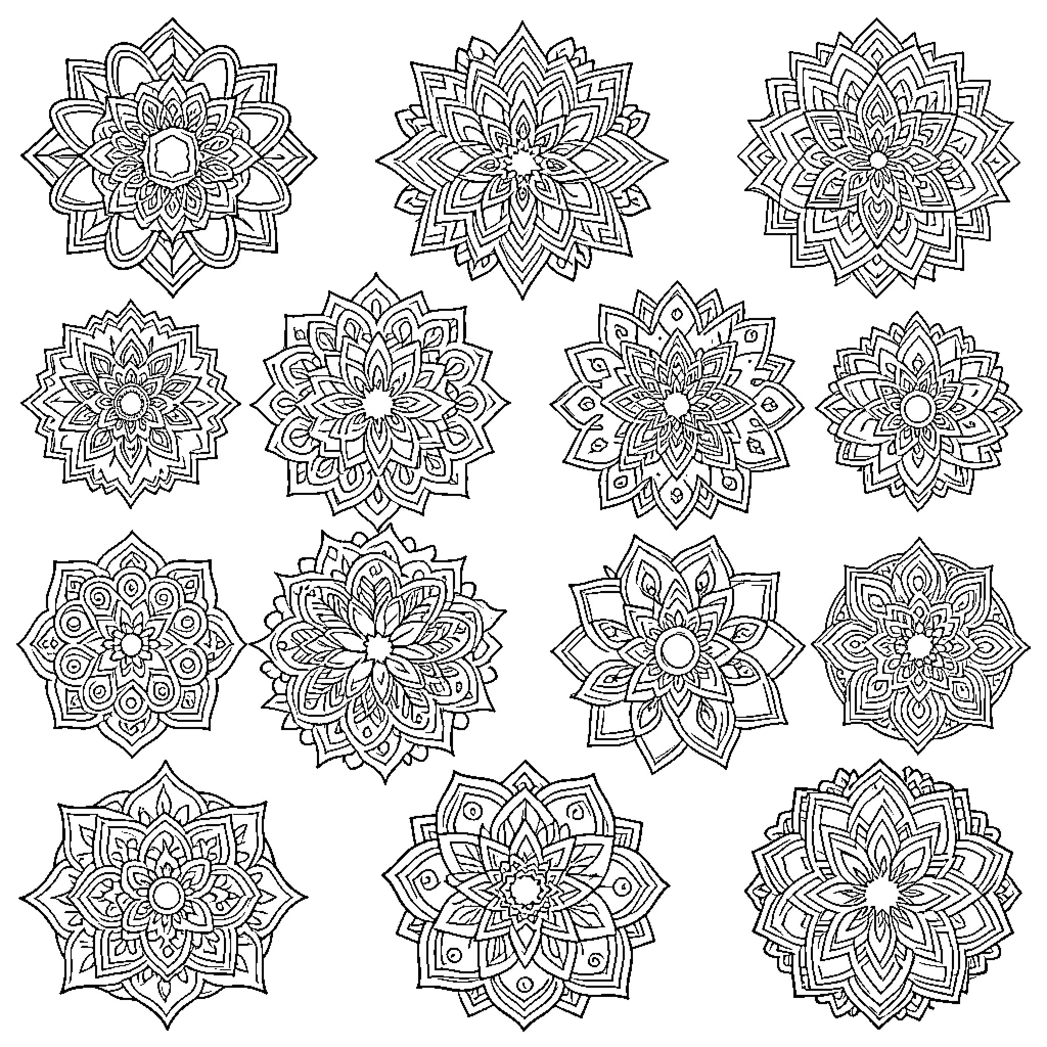 Mandalas with intricate floral designs and patterns Coloring Page (free black-and-white line drawing printable PDF for all, from beginners to advanced learners, including children, teens, adults, and seniors)