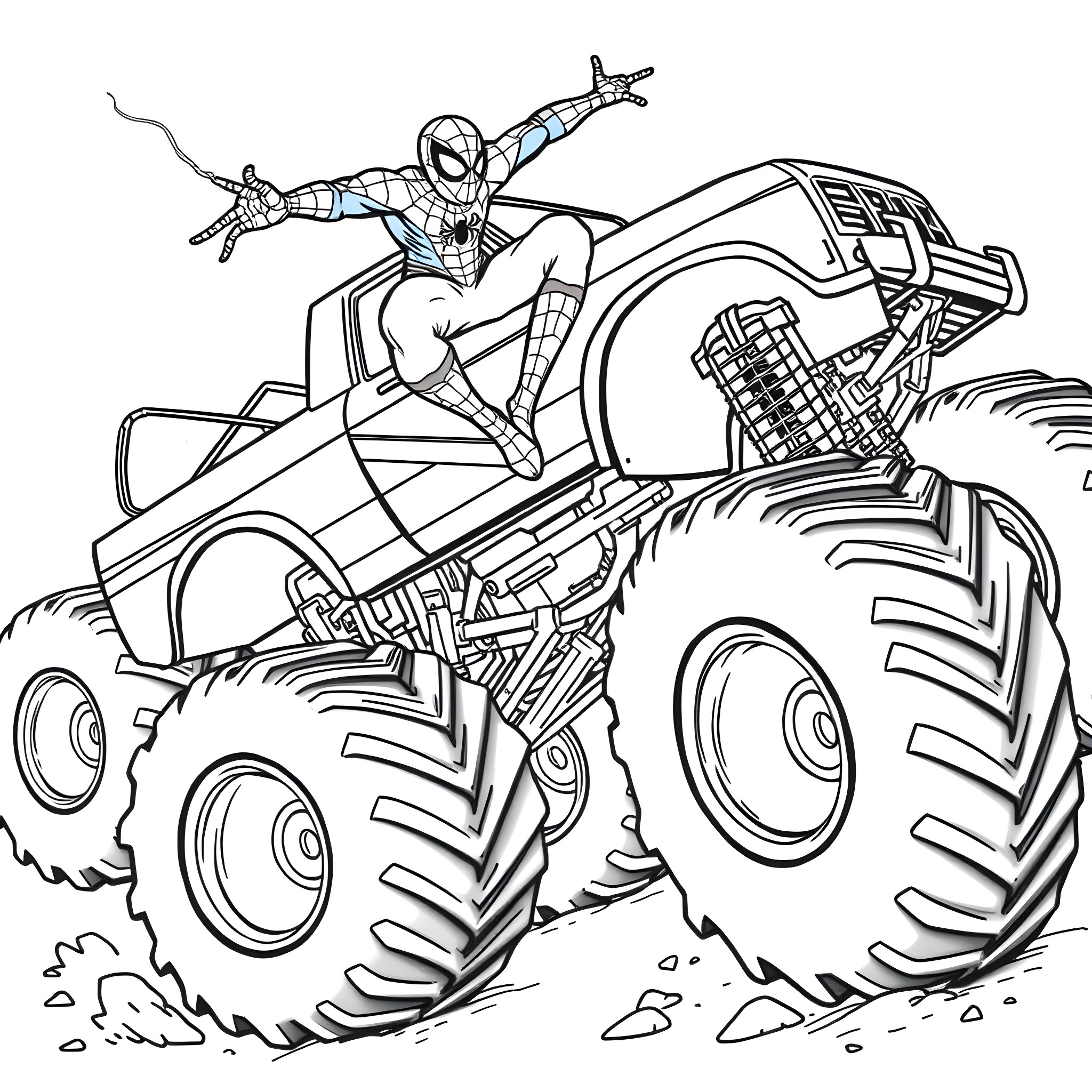Spider-Man riding an extreme monster truck Coloring Page (free black-and-white line drawing printable PDF for all, from beginners to advanced learners, including children, teens, adults, and seniors)