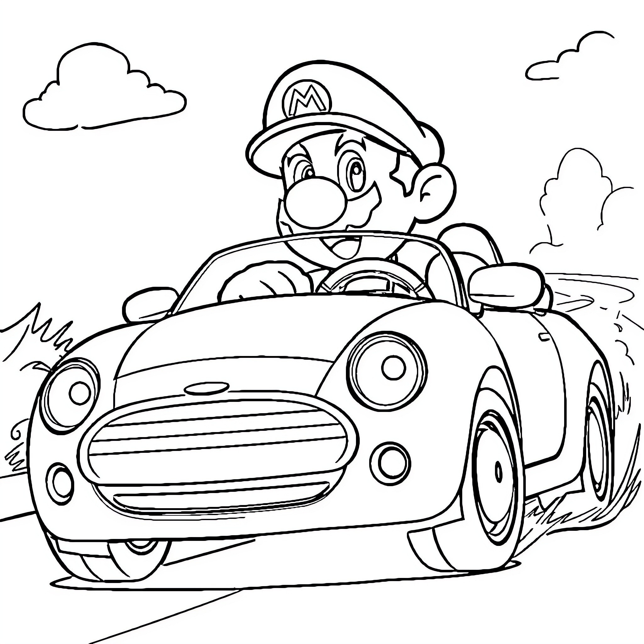 Super Mario driving a kart with joy Coloring Page (free black-and-white line drawing printable PDF for all, from beginners to advanced learners, including children, teens, adults, and seniors)