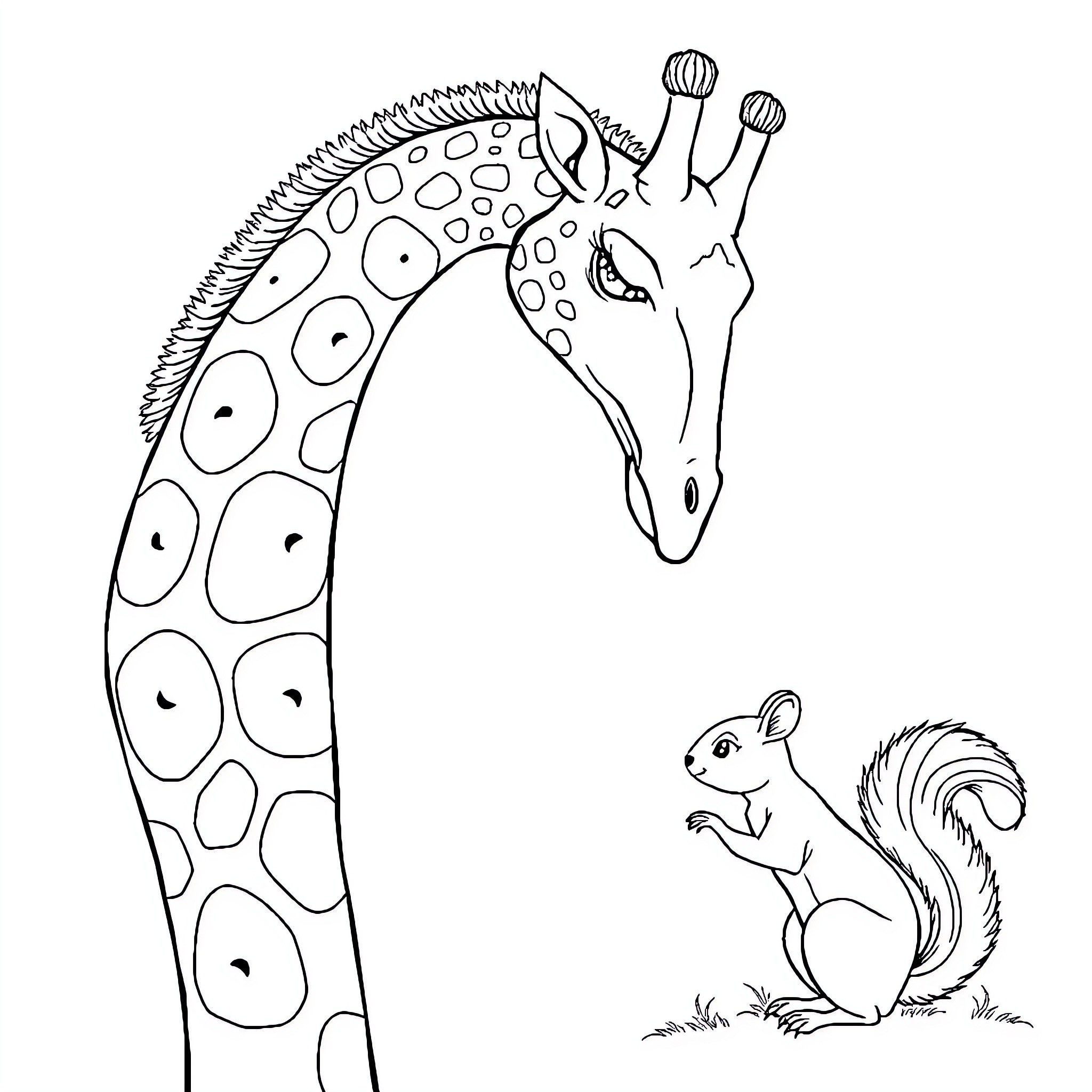 Giraffe and Squirrel in Playful Encounter Coloring Page (free black-and-white line drawing printable PDF for all, from beginners to advanced learners, including children, teens, adults, and seniors)