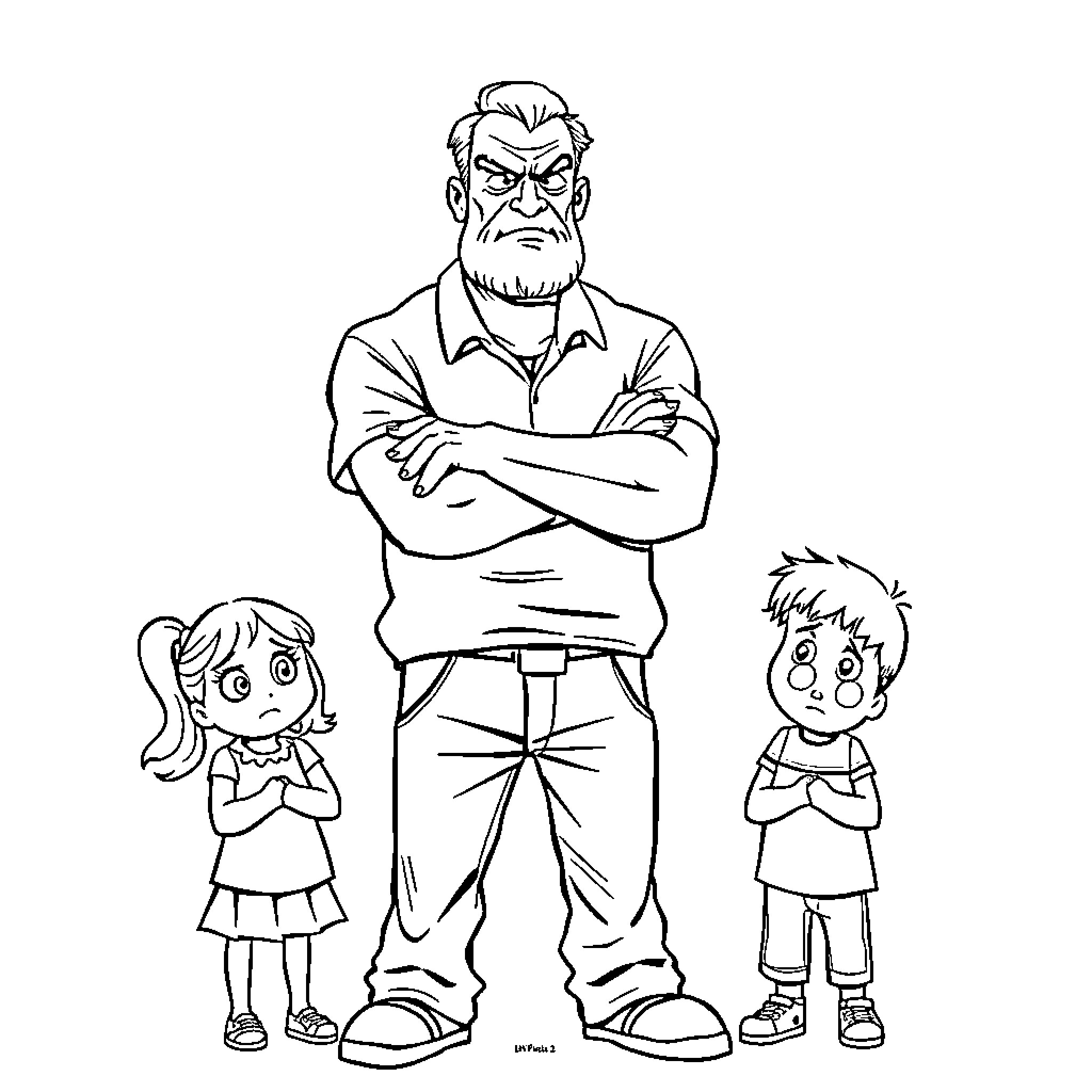 Dad sternly supervising children in the room Coloring Page (free black-and-white line drawing printable PDF for all, from beginners to advanced learners, including children, teens, adults, and seniors)