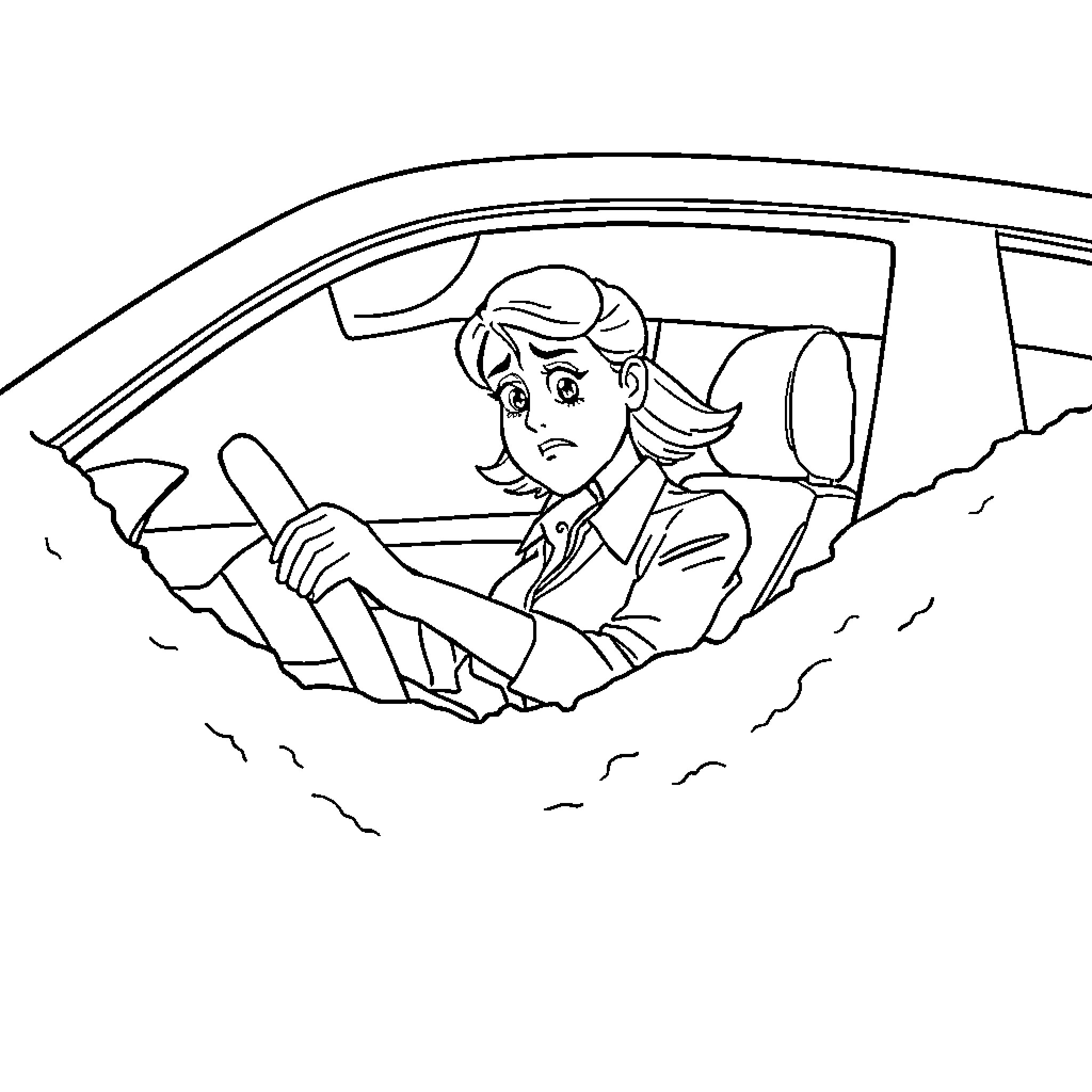 Business Woman driving a car with concern Coloring Page (free black-and-white line drawing printable PDF for all, from beginners to advanced learners, including children, teens, adults, and seniors)