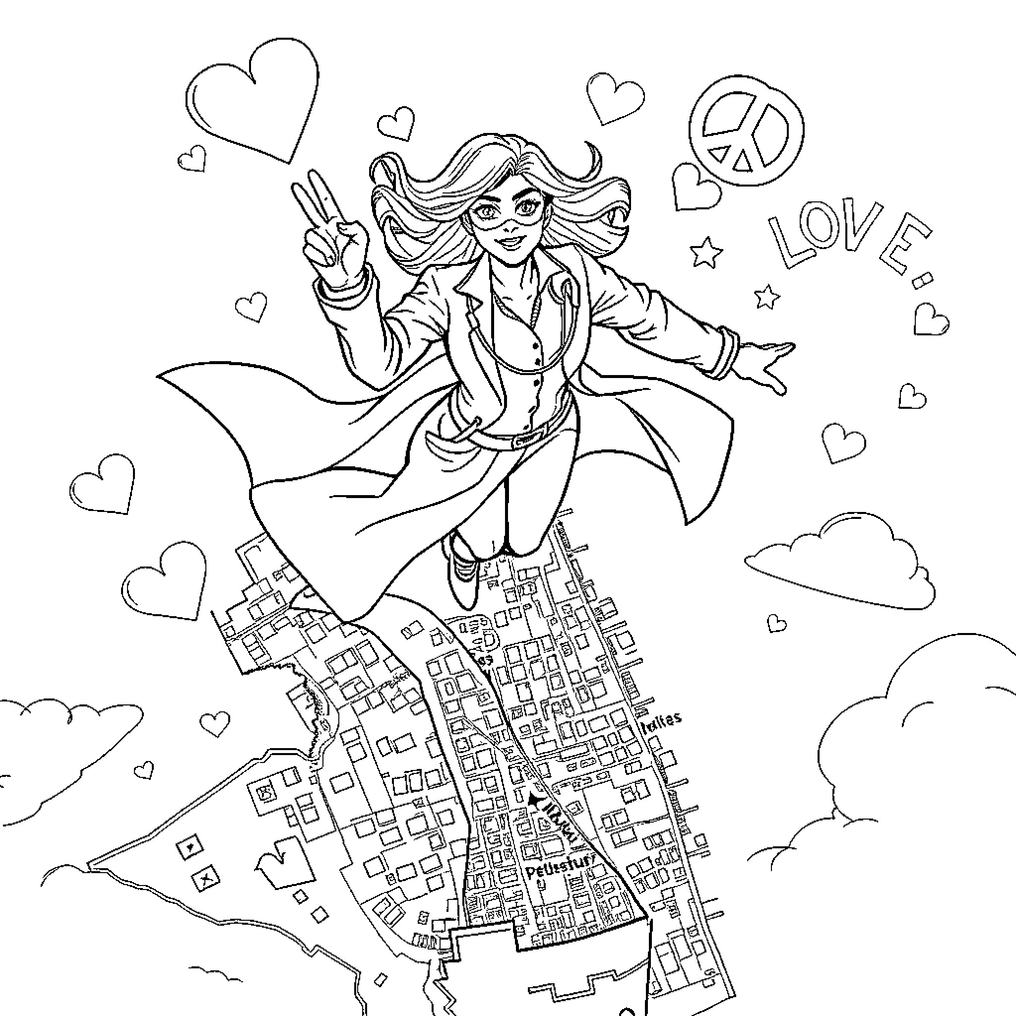 Doctor spreading love and peace in the city Coloring Page (free black-and-white line drawing printable PDF for all, from beginners to advanced learners, including children, teens, adults, and seniors)