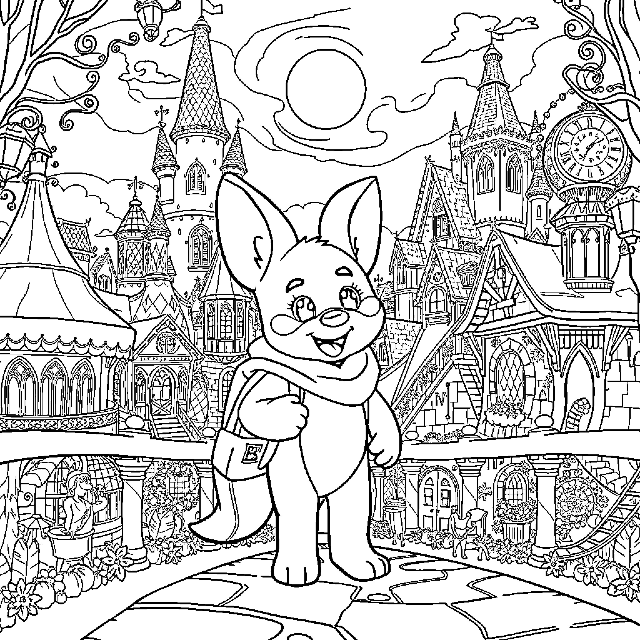 Bluey's Magical Adventure in a Whimsical City Coloring Page (free black-and-white line drawing printable PDF for all, from beginners to advanced learners, including children, teens, adults, and seniors)