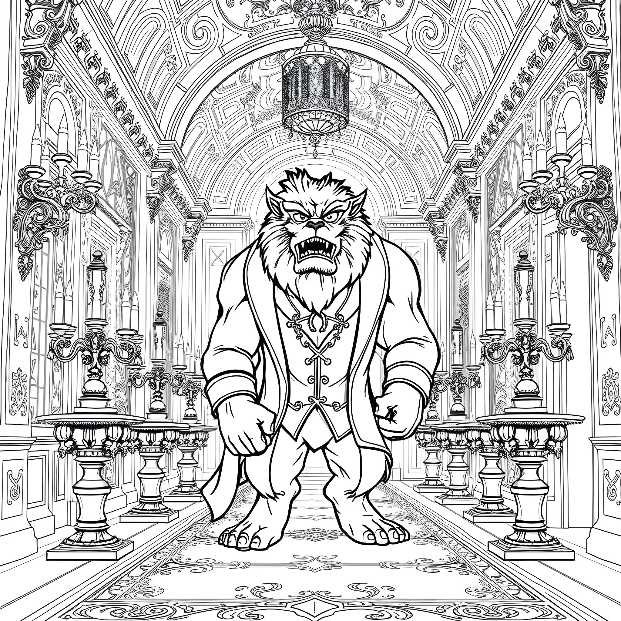 Beast Ruling Over the Opulent Palace Halls Coloring Page (free black-and-white line drawing printable PDF for all, from beginners to advanced learners, including children, teens, adults, and seniors)