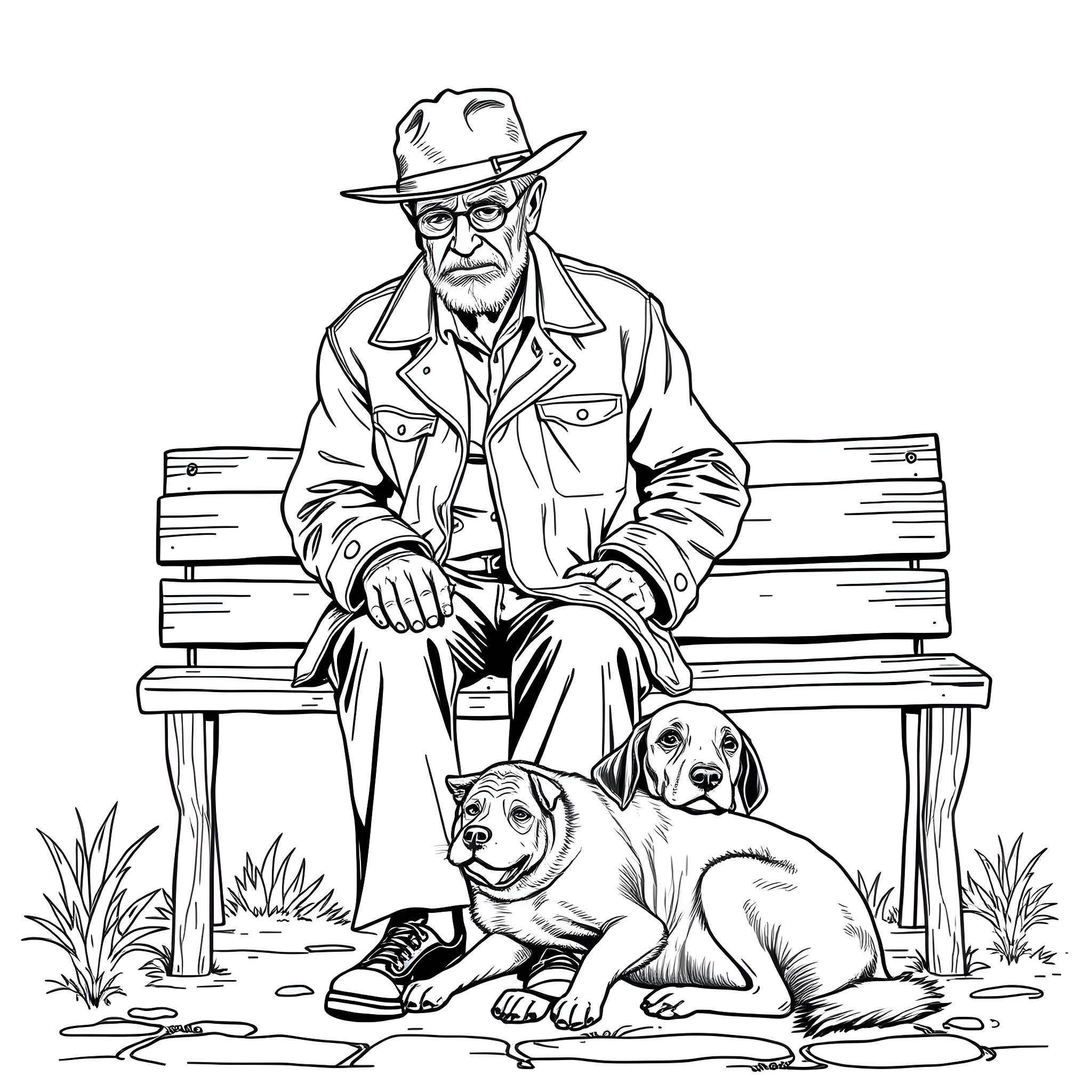 Italian Guy Sitting on a Bench with His Dogs Coloring Page (free black-and-white line drawing printable PDF for all, from beginners to advanced learners, including children, teens, adults, and seniors)
