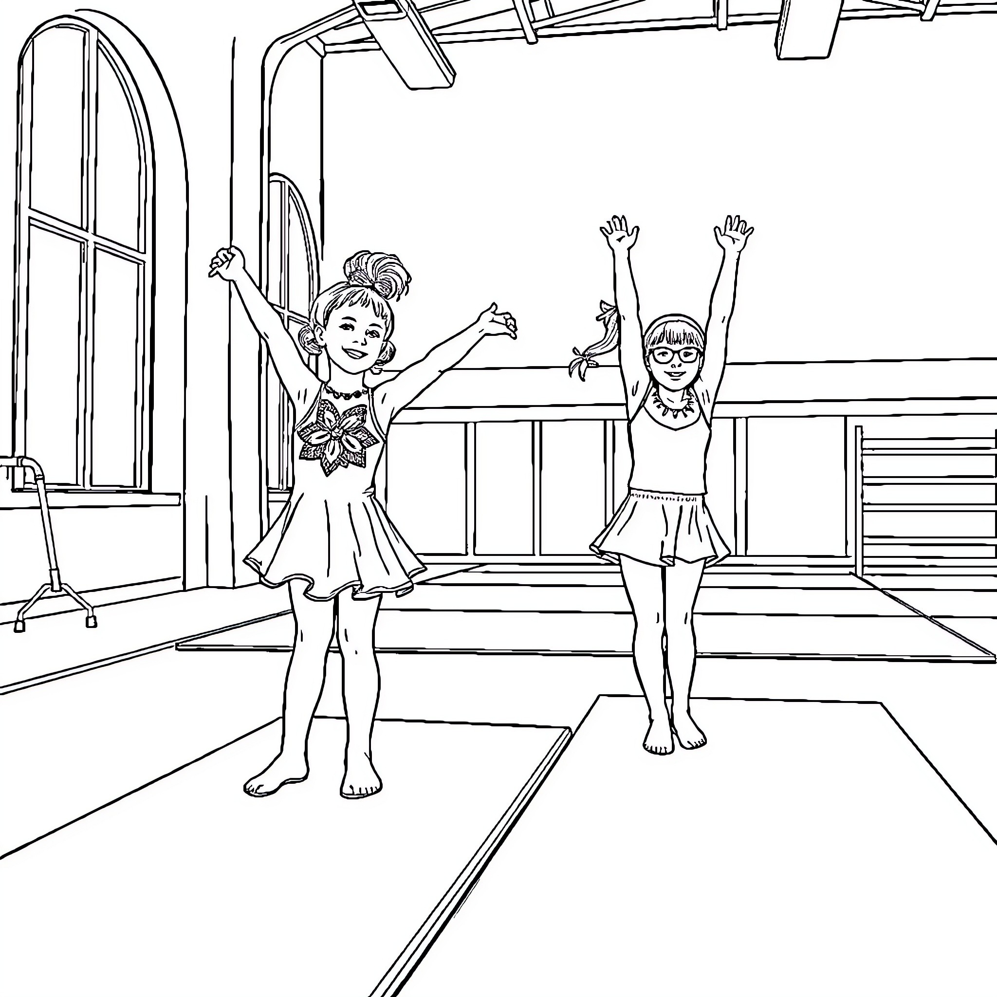 Girls practicing ballet in the dance studio Coloring Page (free black-and-white line drawing printable PDF for all, from beginners to advanced learners, including children, teens, adults, and seniors)