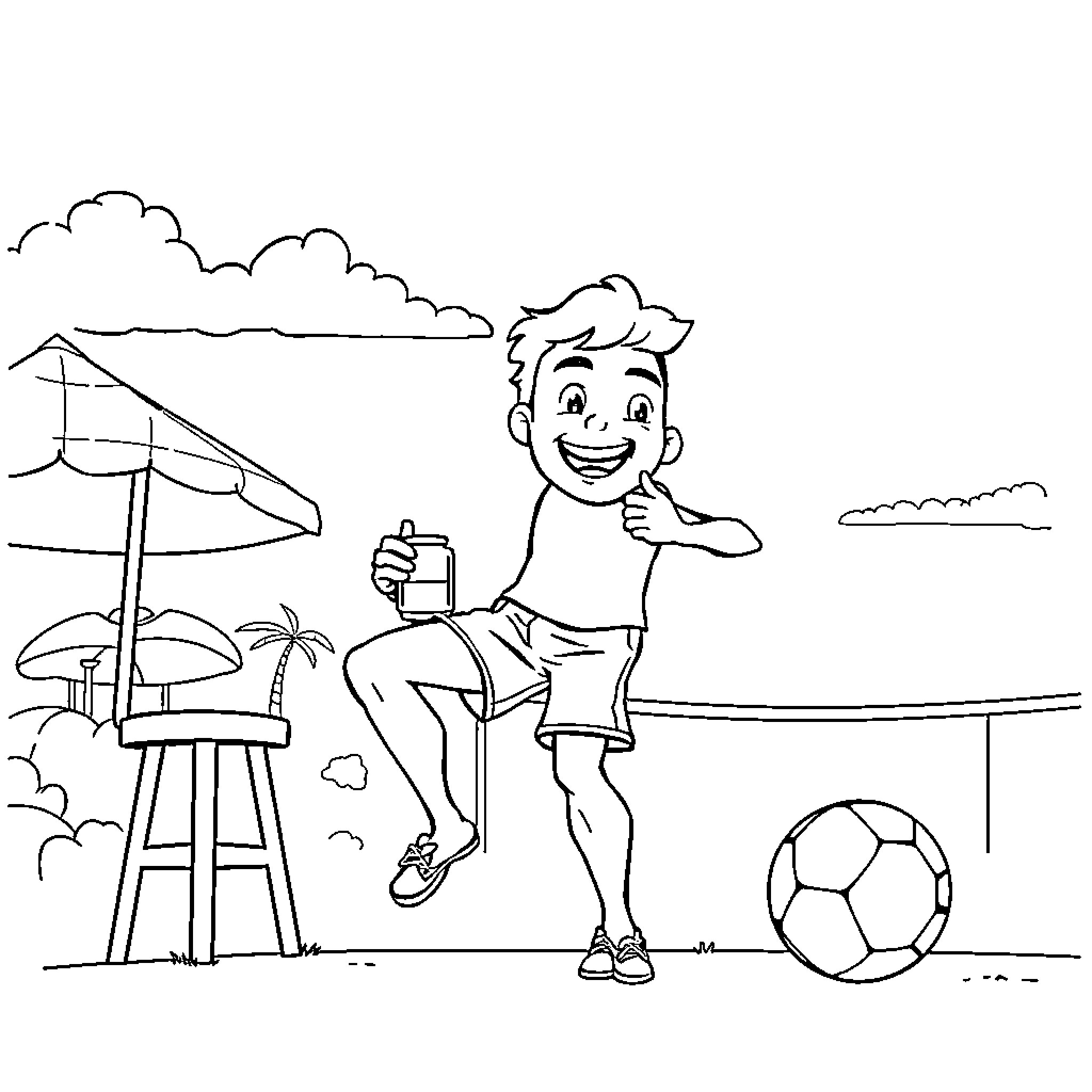 Barman serving refreshments at the beach Coloring Page (free black-and-white line drawing printable PDF for all, from beginners to advanced learners, including children, teens, adults, and seniors)