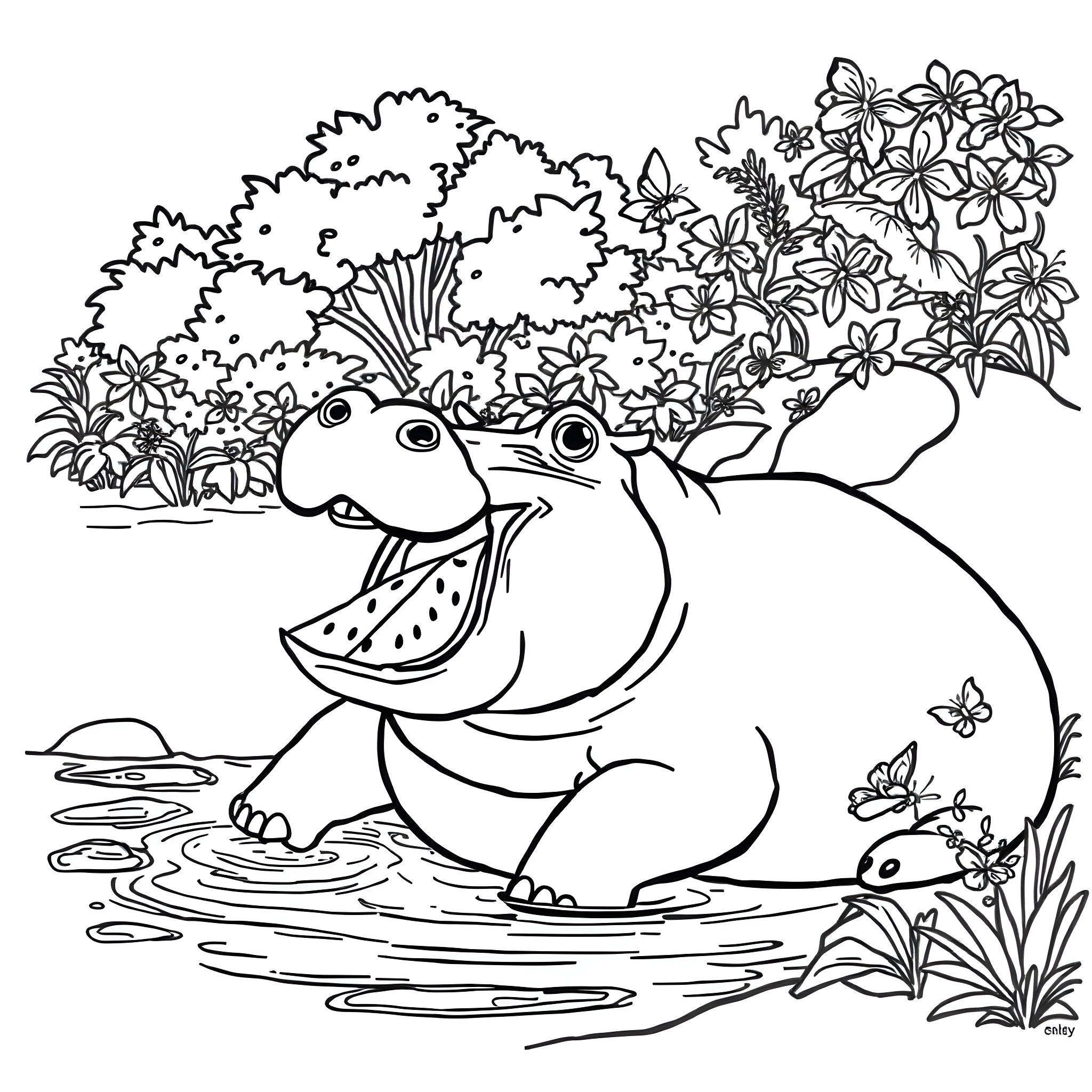 Hippo relaxing in nature with flowers Coloring Page (free black-and-white line drawing printable PDF for all, from beginners to advanced learners, including children, teens, adults, and seniors)