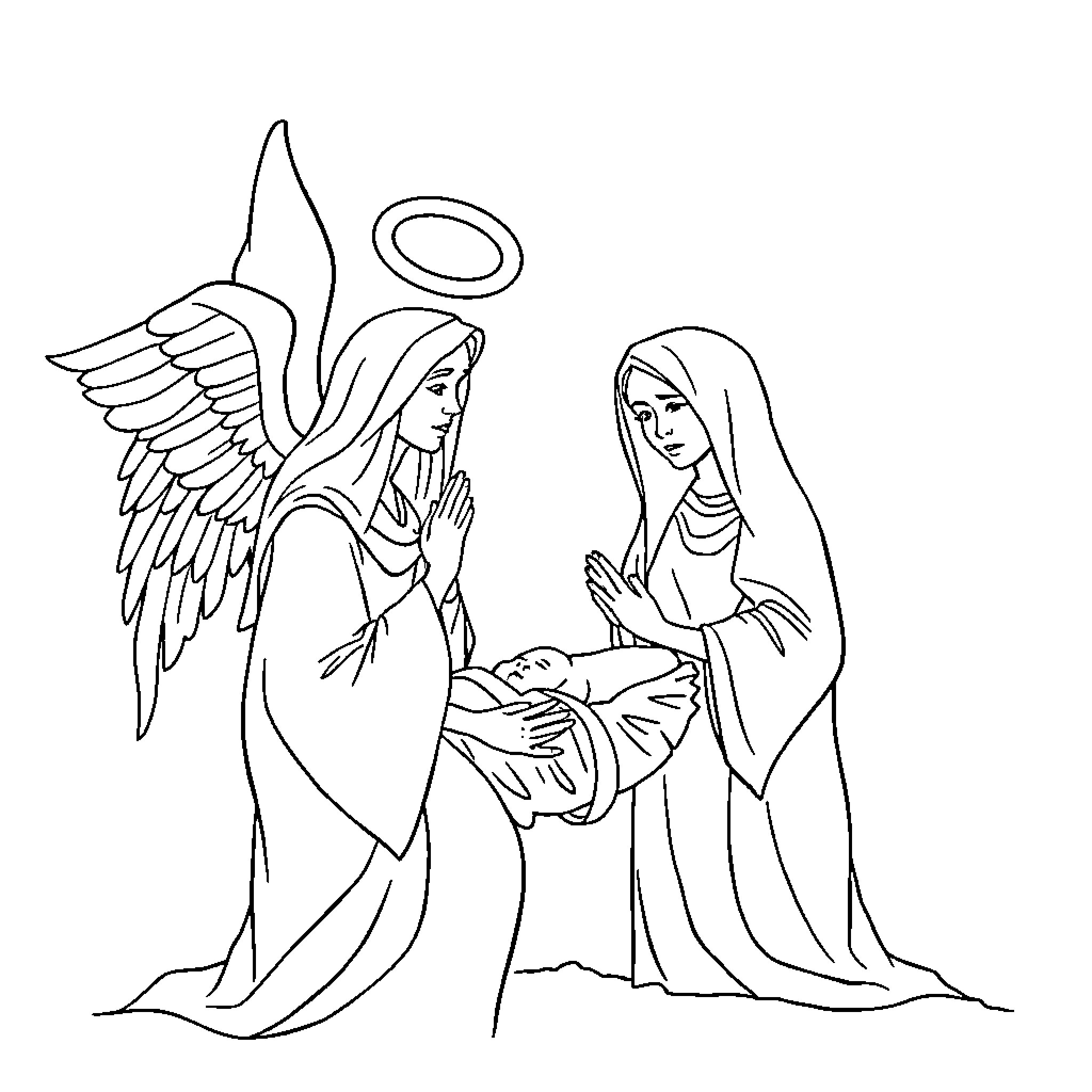 Angel watching over the Virgin Mary and baby Coloring Page (free black-and-white line drawing printable PDF for all, from beginners to advanced learners, including children, teens, adults, and seniors)