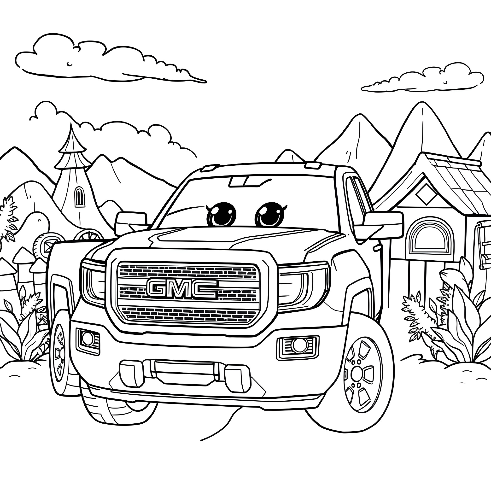 GMC Sierra exploring the great outdoors Coloring Page (free black-and-white line drawing printable PDF for all, from beginners to advanced learners, including children, teens, adults, and seniors)
