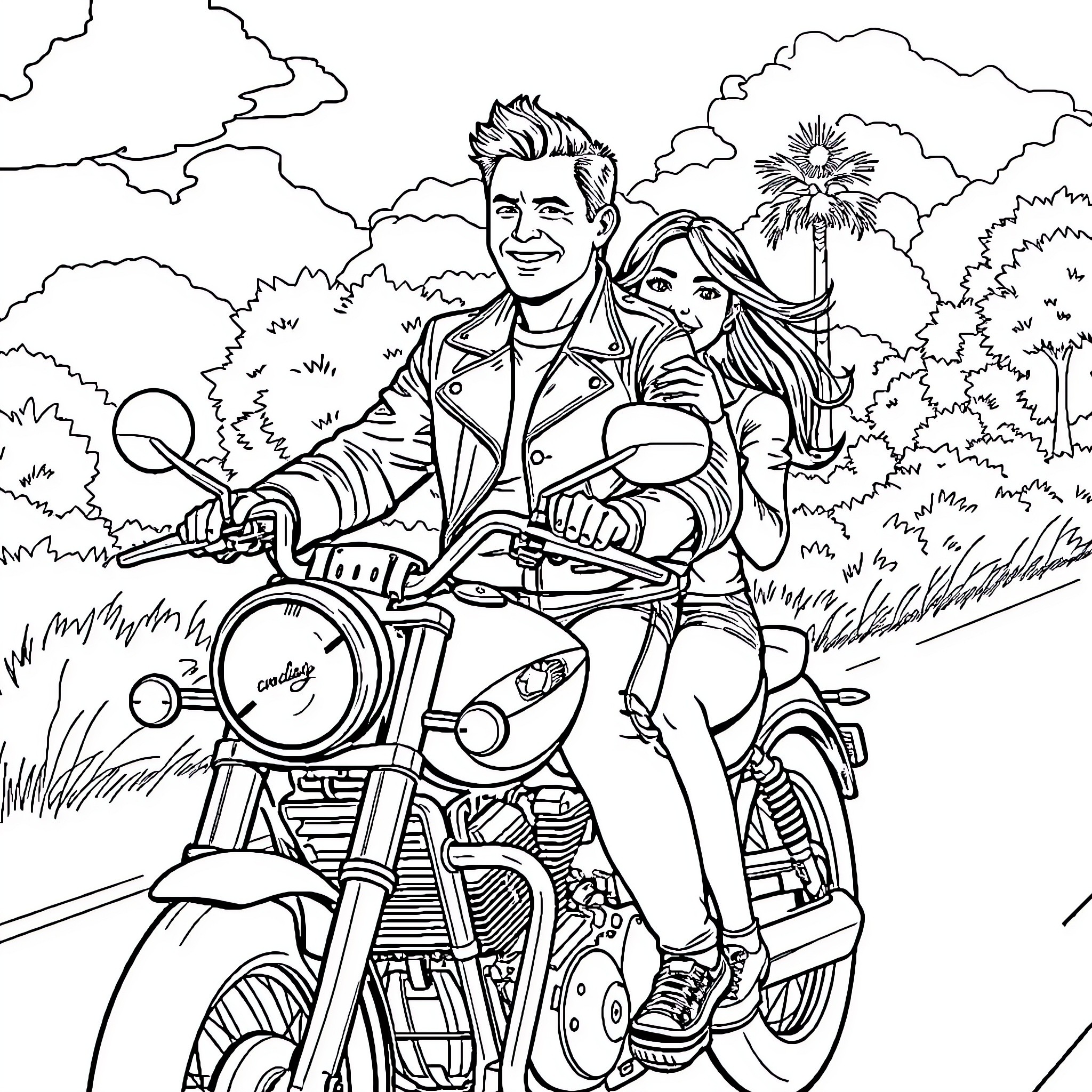 Motorcycle ride with couple through scenic landscape Coloring Page (free black-and-white line drawing printable PDF for all, from beginners to advanced learners, including children, teens, adults, and seniors)